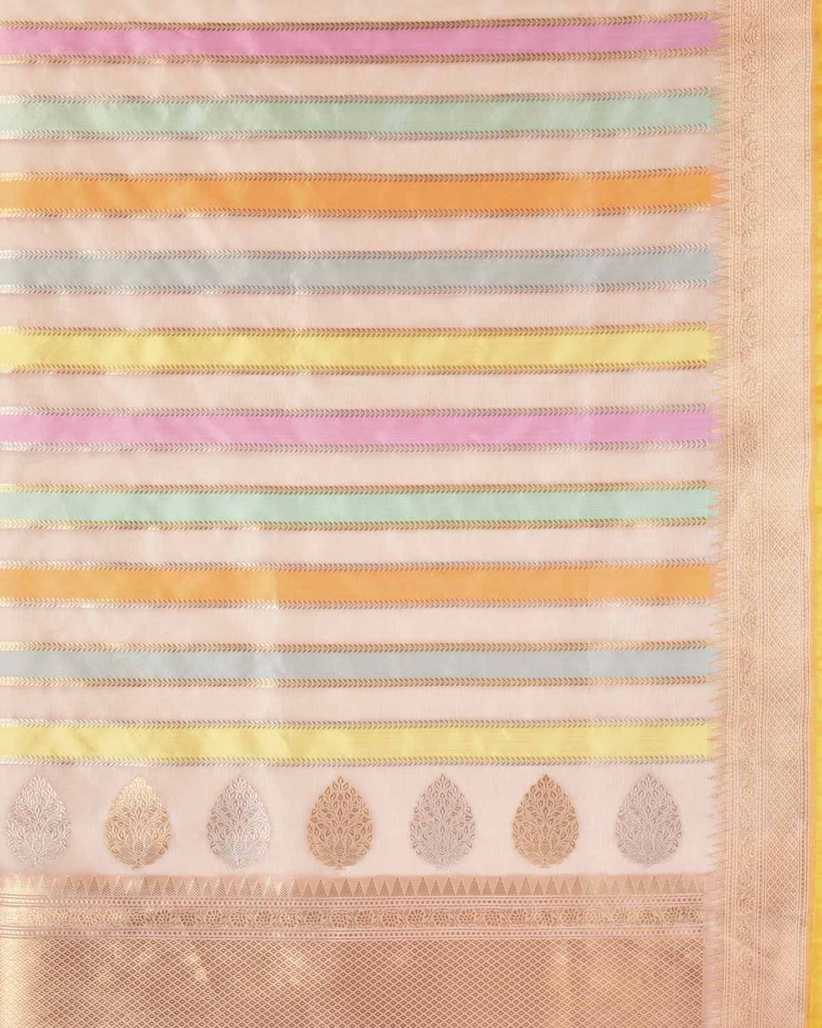 Pink Banarasi Candy Stripes Rangkaat Brocade Handwoven Kora Silk Dupatta-HolyWeaves