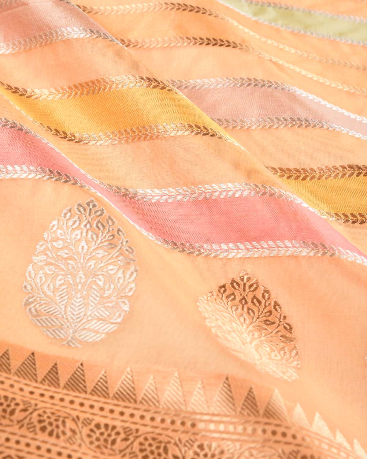 Orange Banarasi Candy Stripes Rangkaat Brocade Handwoven Kora Silk Dupatta-HolyWeaves