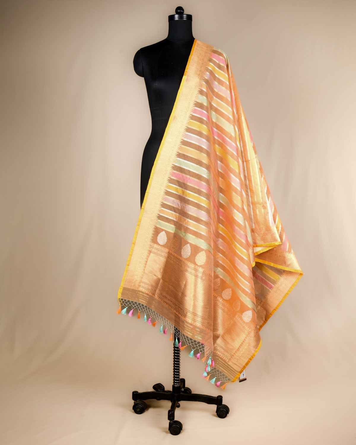 Orange Banarasi Candy Stripes Rangkaat Brocade Handwoven Kora Silk Dupatta-HolyWeaves