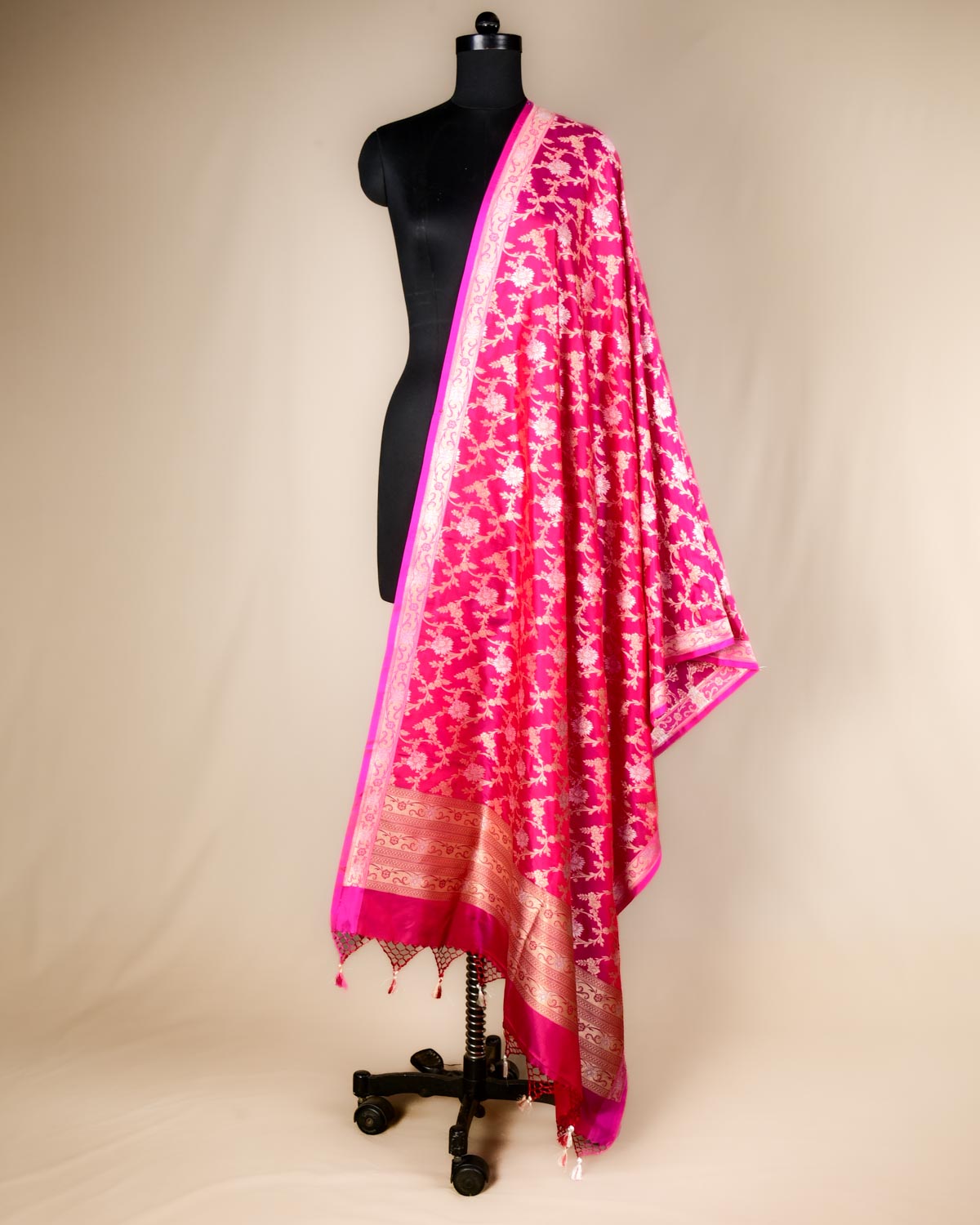 Shot Red-Pink Banarasi Gold & Silver Zari Alfi Floral Jaal Cutwork Brocade Handwoven Katan Silk Dupatta-HolyWeaves