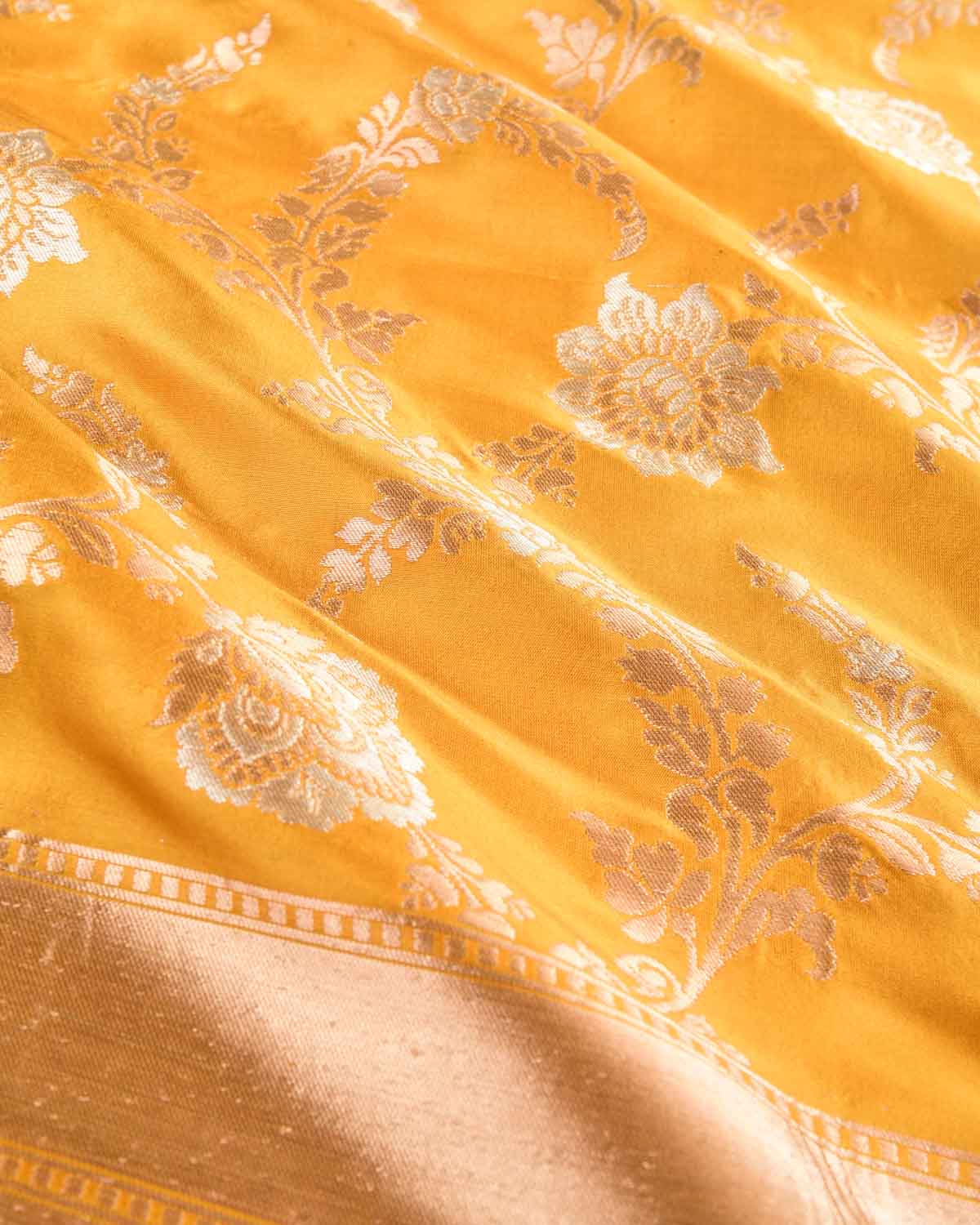 Yellow Banarasi Gold Zari Jaal Silver Meena Cutwork Brocade Handwoven Katan Silk Dupatta-HolyWeaves