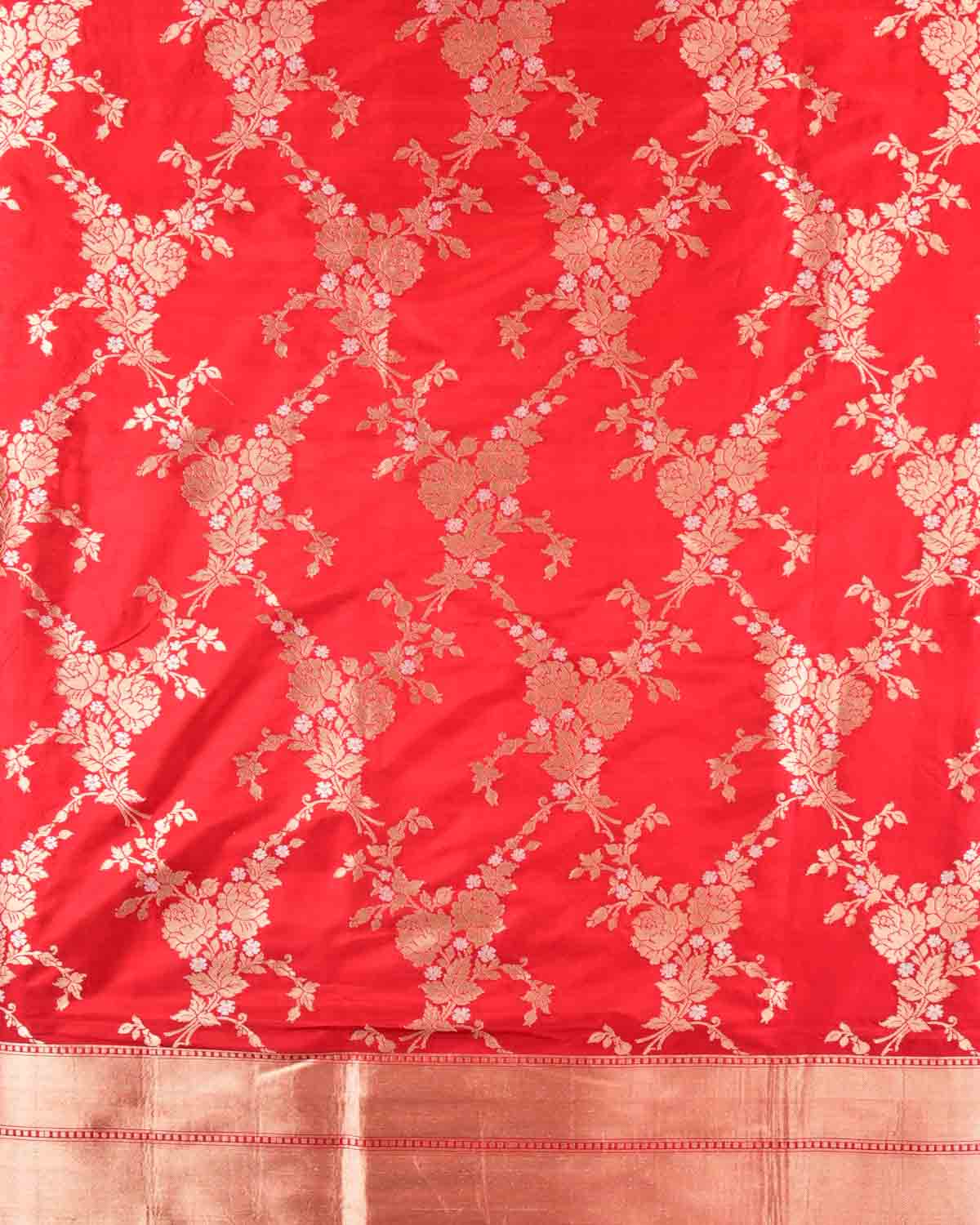 Bridal Red Banarasi Gold Zari Jaal Silver Meena Cutwork Brocade Handwoven Katan Silk Dupatta-HolyWeaves