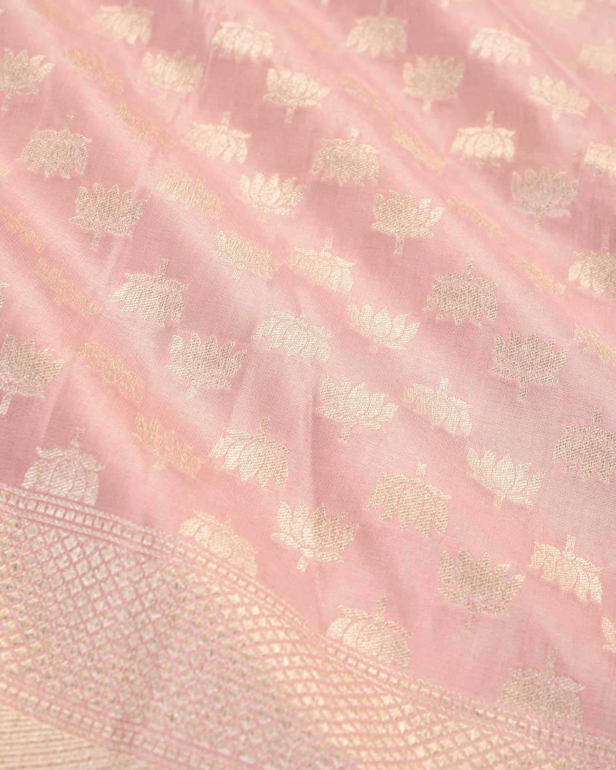 Rose Pink Banarasi Gold Zari Kamal Buti Cutwork Brocade Handwoven Katan Georgette Dupatta-HolyWeaves