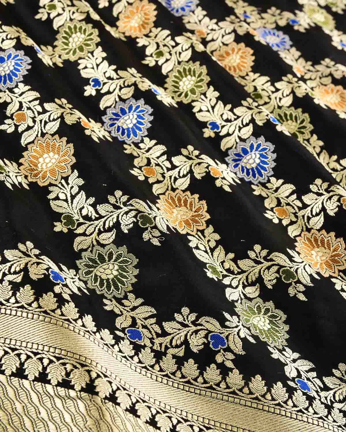 Black Banarasi Gold Zari with Resham Jaal Cutwork Brocade Handwoven Katan Silk Dupatta-HolyWeaves