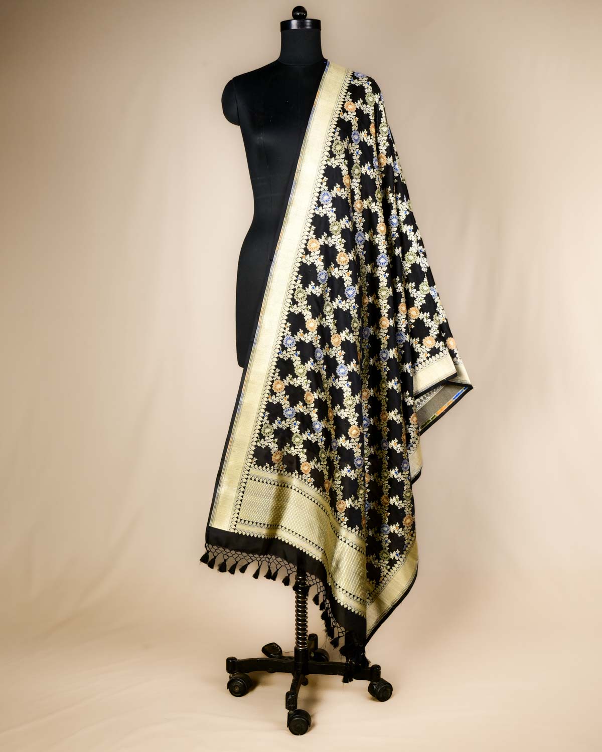 Black Banarasi Gold Zari with Resham Jaal Cutwork Brocade Handwoven Katan Silk Dupatta-HolyWeaves