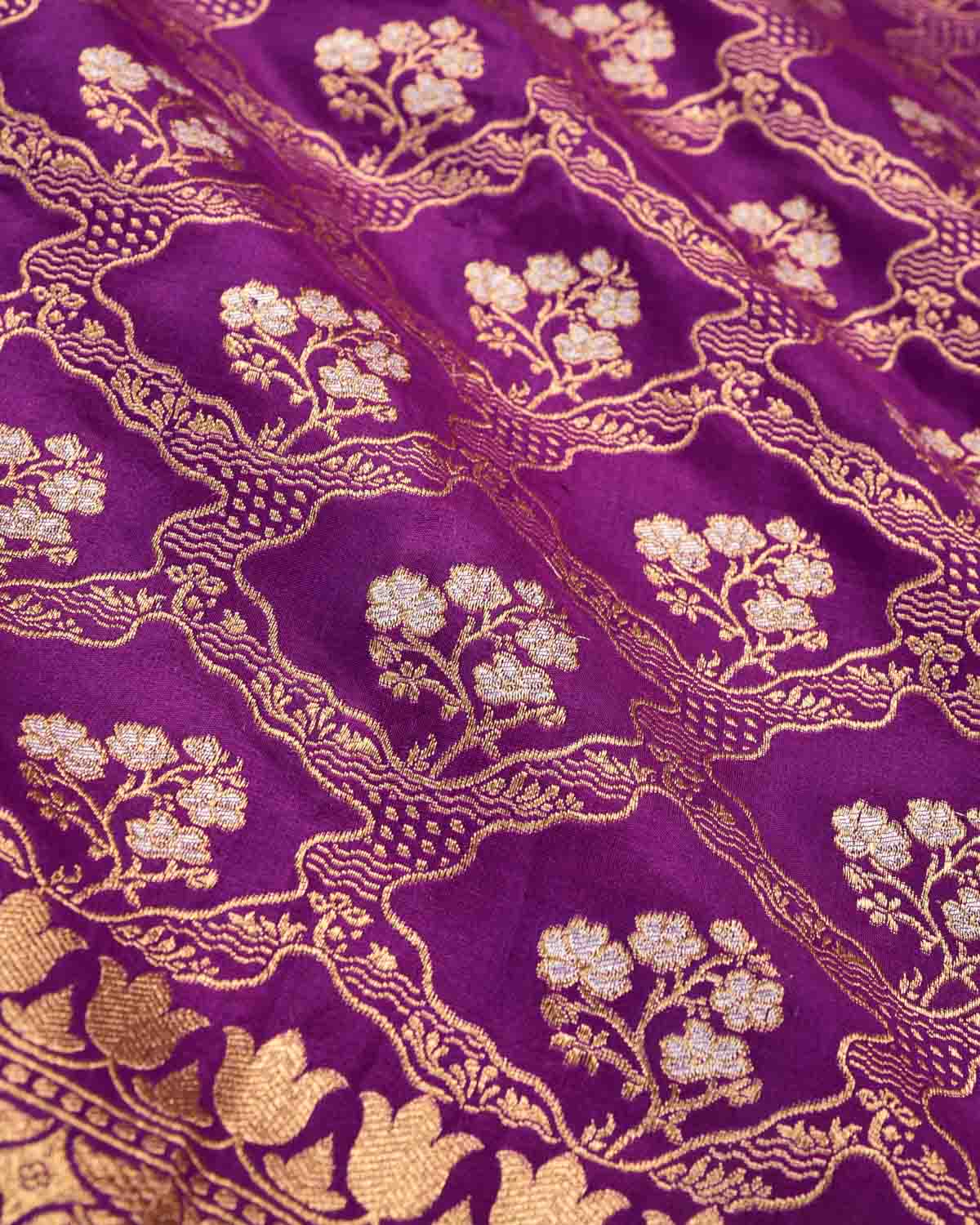 Purple Banarasi Alfi Gold & Silver Zari Floral Jaal Cutwork Brocade Handwoven Katan Silk Dupatta-HolyWeaves