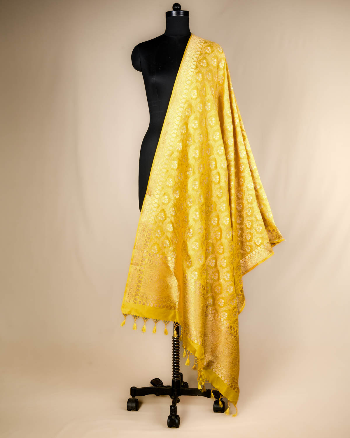Yellow Banarasi Alfi Gold & Silver Zari Floral Jaal Cutwork Brocade Handwoven Katan Silk Dupatta-HolyWeaves