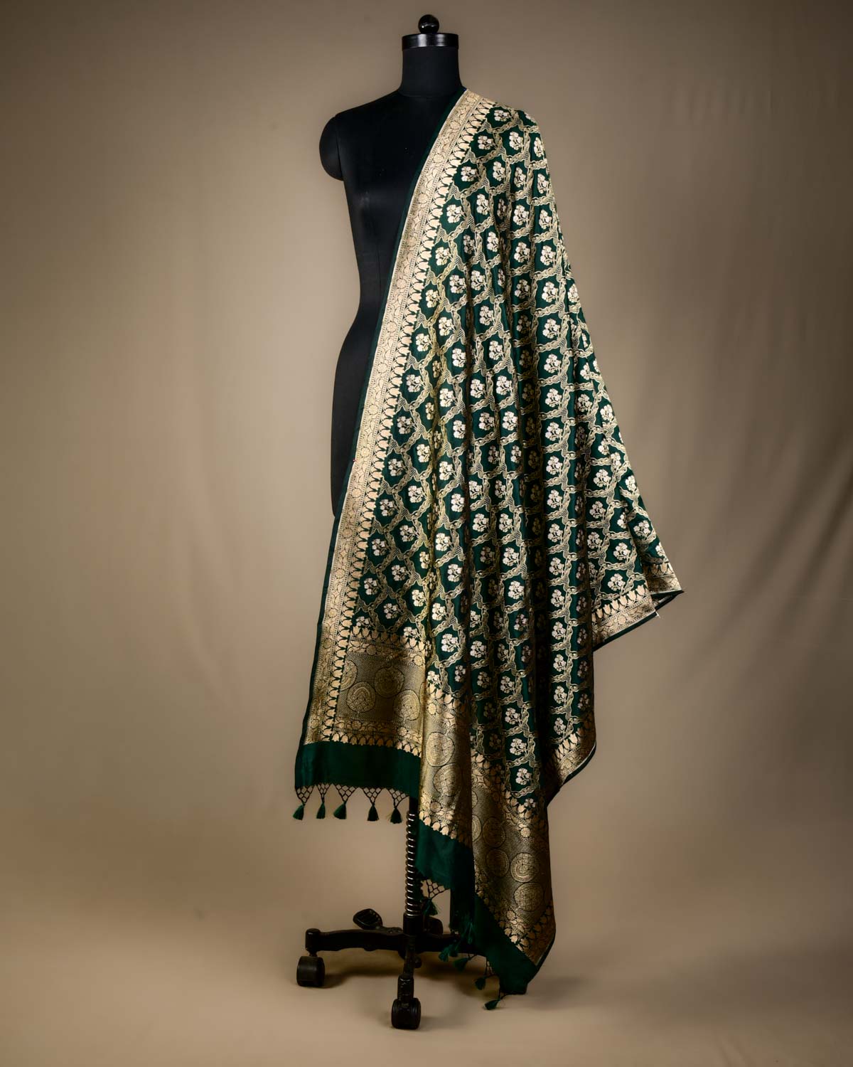 Midnight Green Banarasi Alfi Gold & Silver Zari Floral Jaal Cutwork Brocade Handwoven Katan Silk Dupatta-HolyWeaves