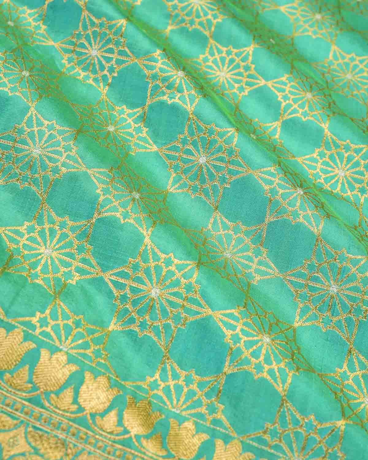 Green Banarasi Alfi Jaal Gold Zari Roopa Meena Cutwork Brocade Handwoven Katan Silk Dupatta-HolyWeaves