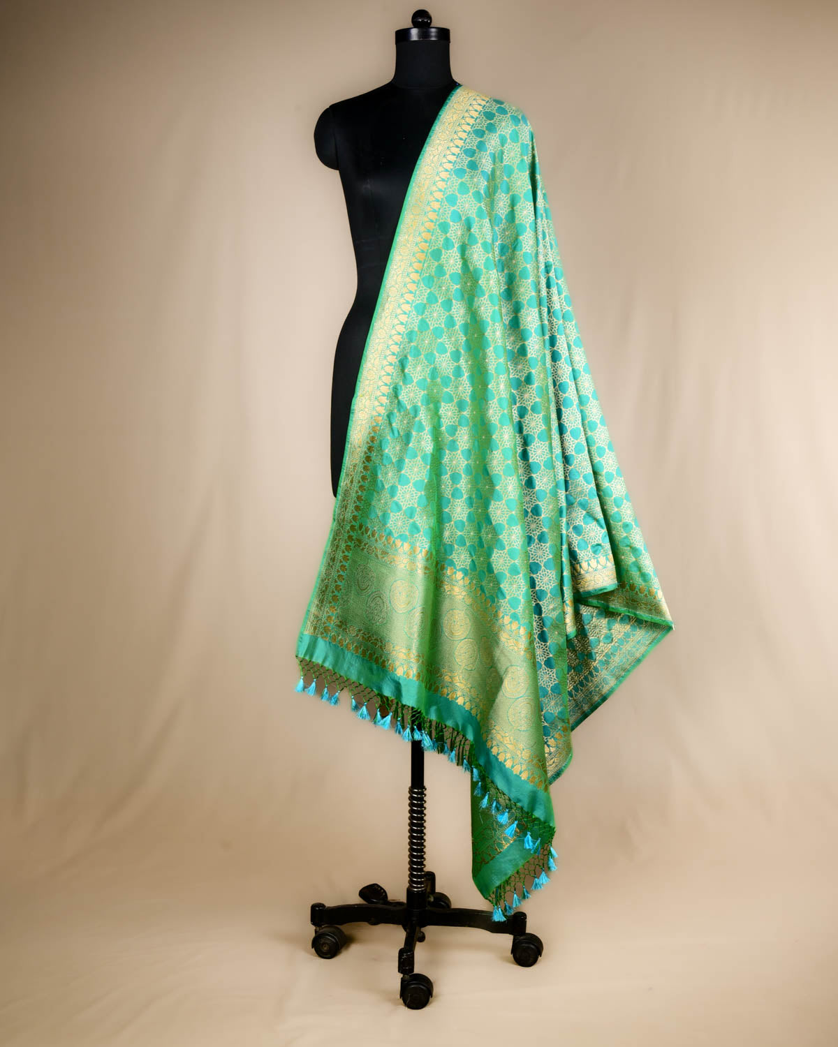 Green Banarasi Alfi Jaal Gold Zari Roopa Meena Cutwork Brocade Handwoven Katan Silk Dupatta-HolyWeaves