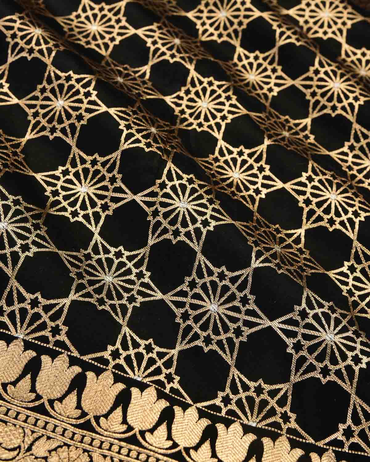 Black Banarasi Gold & Silver Zari Alfi Geomentric Flowers Cutwork Brocade Handwoven Katan Silk Dupatta-HolyWeaves