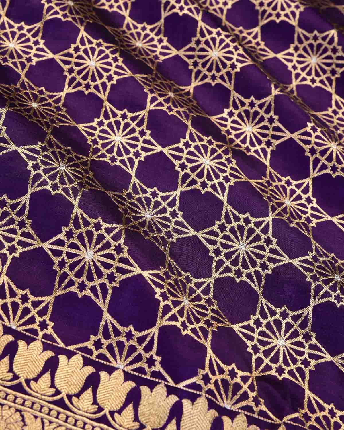 Purple Banarasi Gold & Silver Zari Alfi Geomentric Flowers Cutwork Brocade Handwoven Katan Silk Dupatta-HolyWeaves