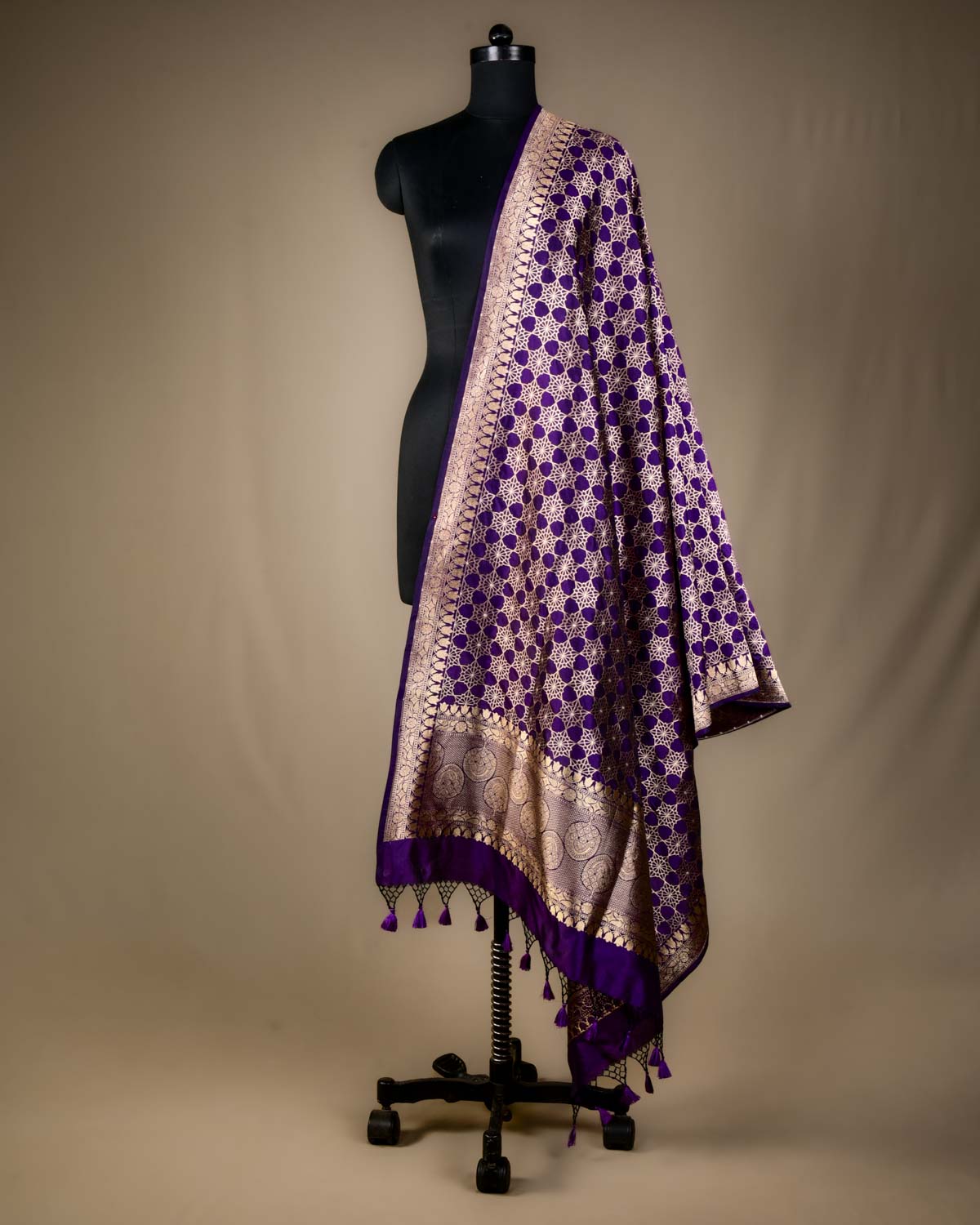 Purple Banarasi Gold & Silver Zari Alfi Geomentric Flowers Cutwork Brocade Handwoven Katan Silk Dupatta-HolyWeaves