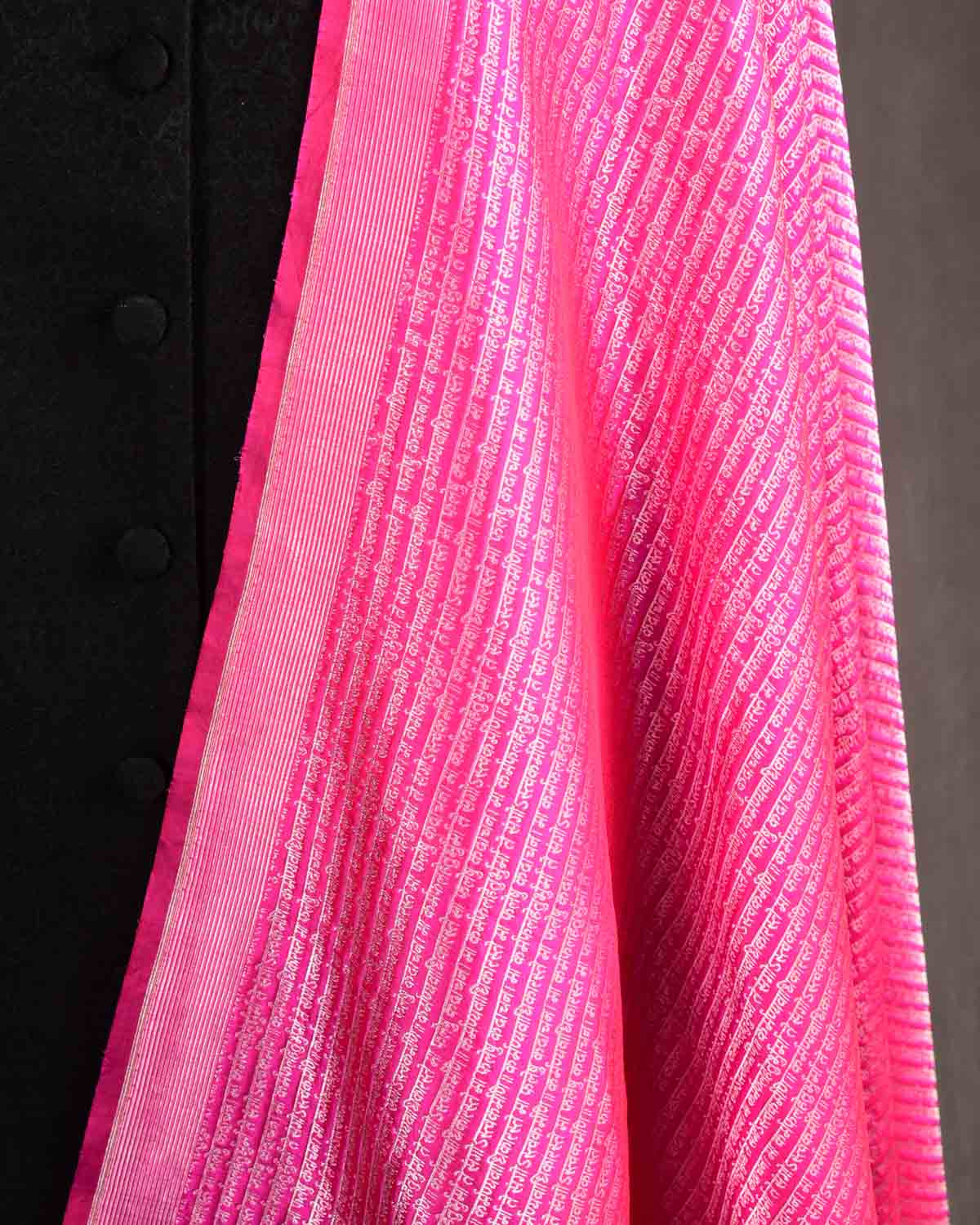 Fuchsia Pink Silver Zari Geeta Shlok 2.47 Brocade Handwoven Katan Silk Banarasi Dupatta-HolyWeaves