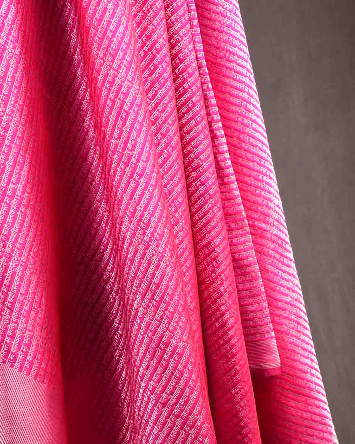 Fuchsia Pink Silver Zari Geeta Shlok 2.47 Brocade Handwoven Katan Silk Banarasi Dupatta-HolyWeaves