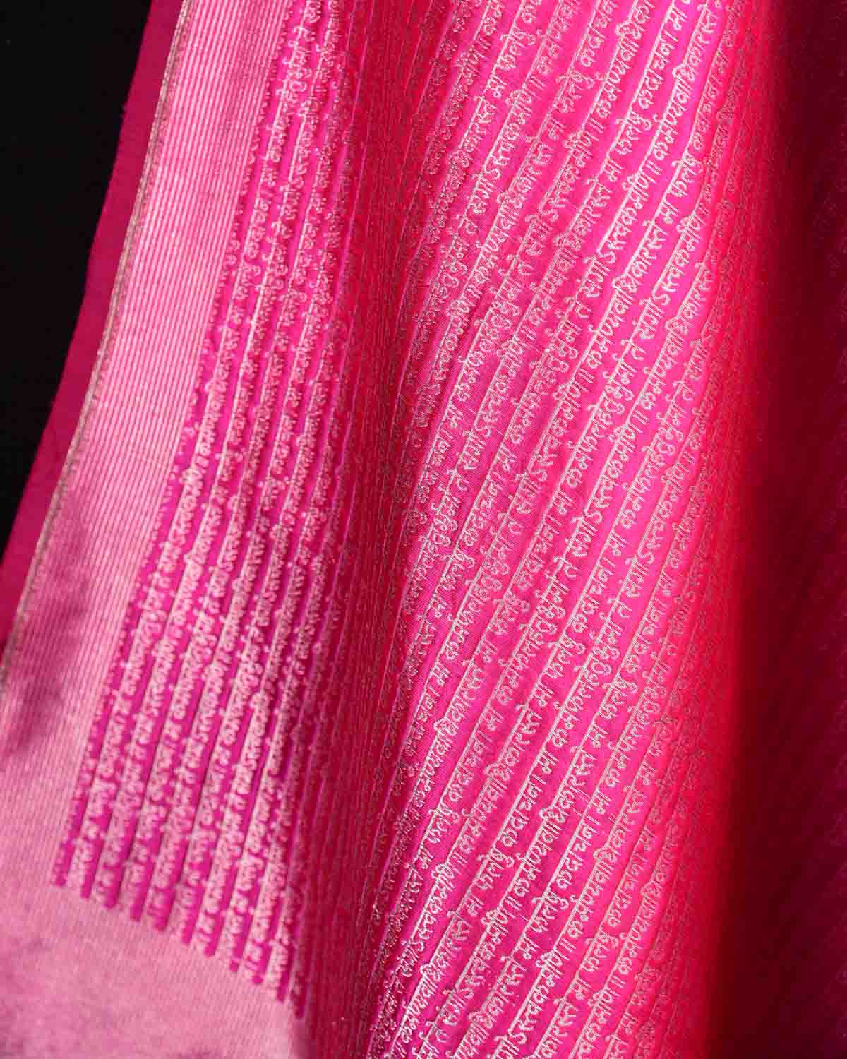 Fuchsia Pink Silver Zari Geeta Shlok 2.47 Brocade Handwoven Katan Silk Banarasi Dupatta-HolyWeaves