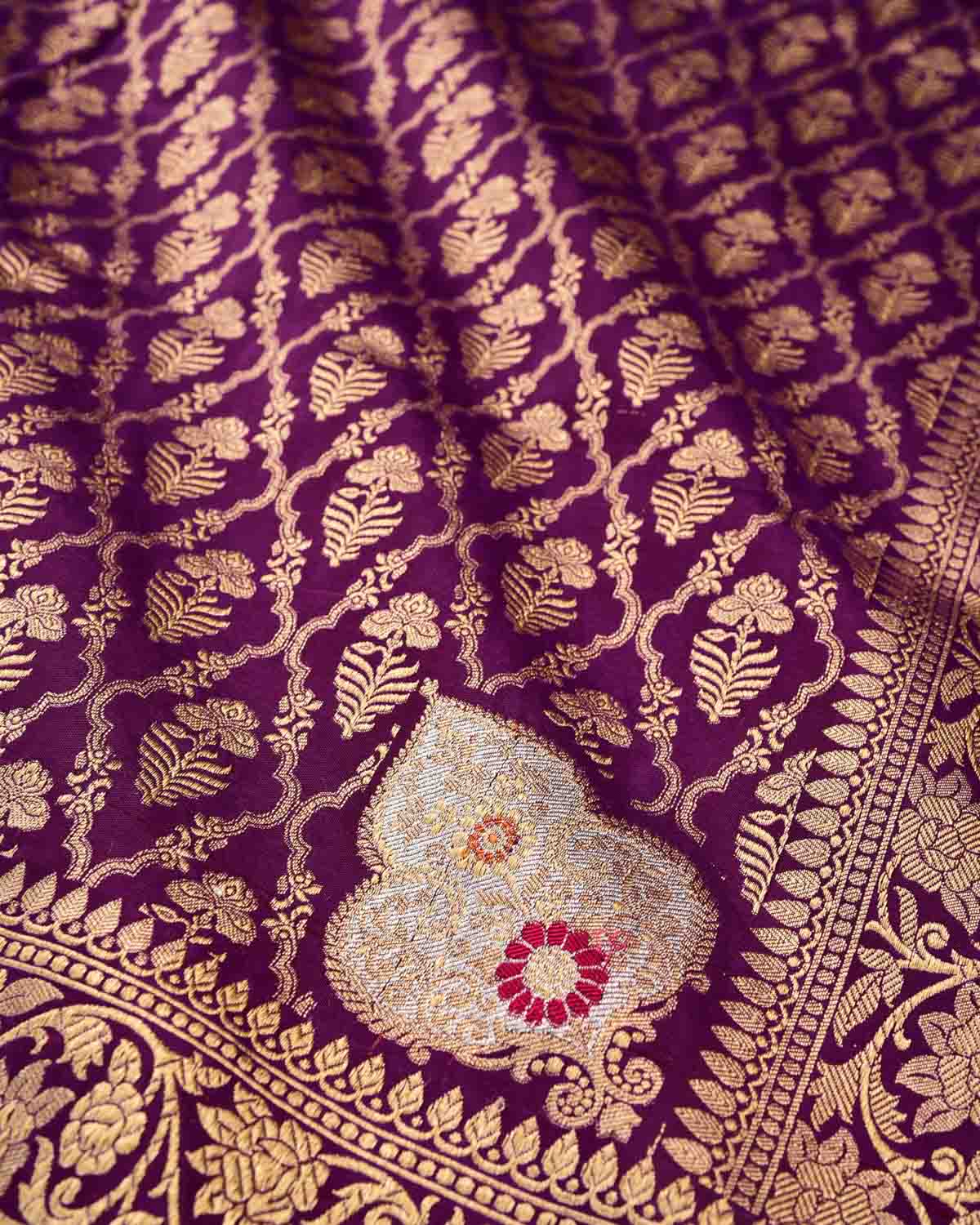 Purple Banarasi Gold Zari Jangla Cutwork Brocade Handwoven Katan Silk Dupatta with Koniya Buta-HolyWeaves