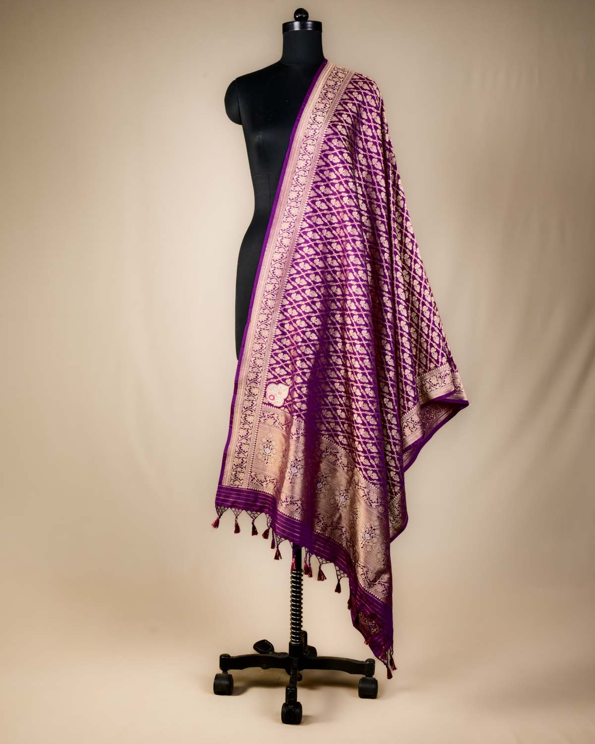 Purple Banarasi Gold Zari Jangla Cutwork Brocade Handwoven Katan Silk Dupatta with Koniya Buta-HolyWeaves