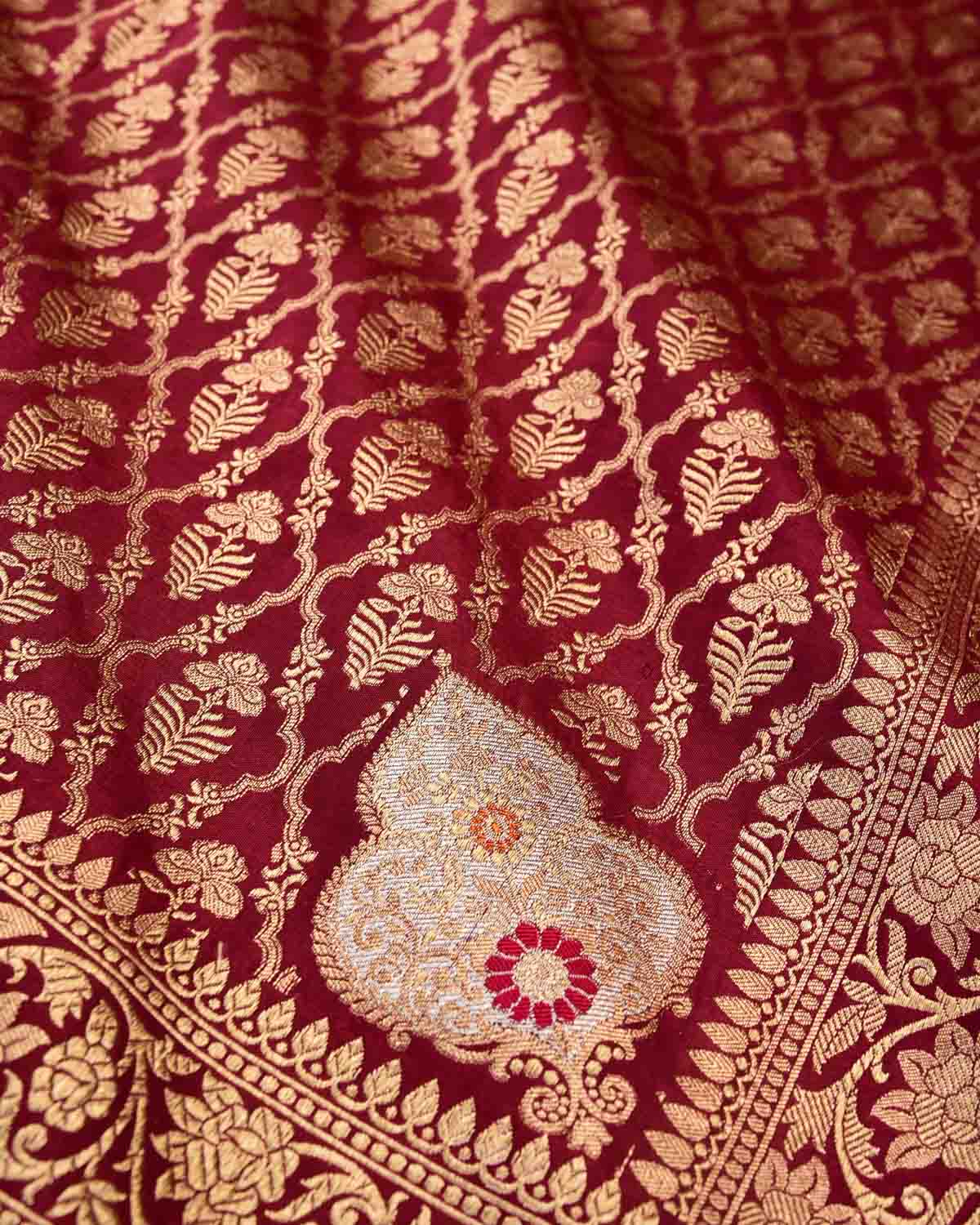 Maroon Banarasi Gold Zari Jangla Cutwork Brocade Handwoven Katan Silk Dupatta with Koniya Buta-HolyWeaves