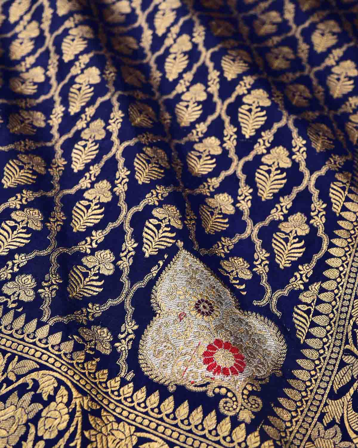 Navy Blue Banarasi Gold Zari Jangla Cutwork Brocade Handwoven Katan Silk Dupatta with Koniya Buta-HolyWeaves