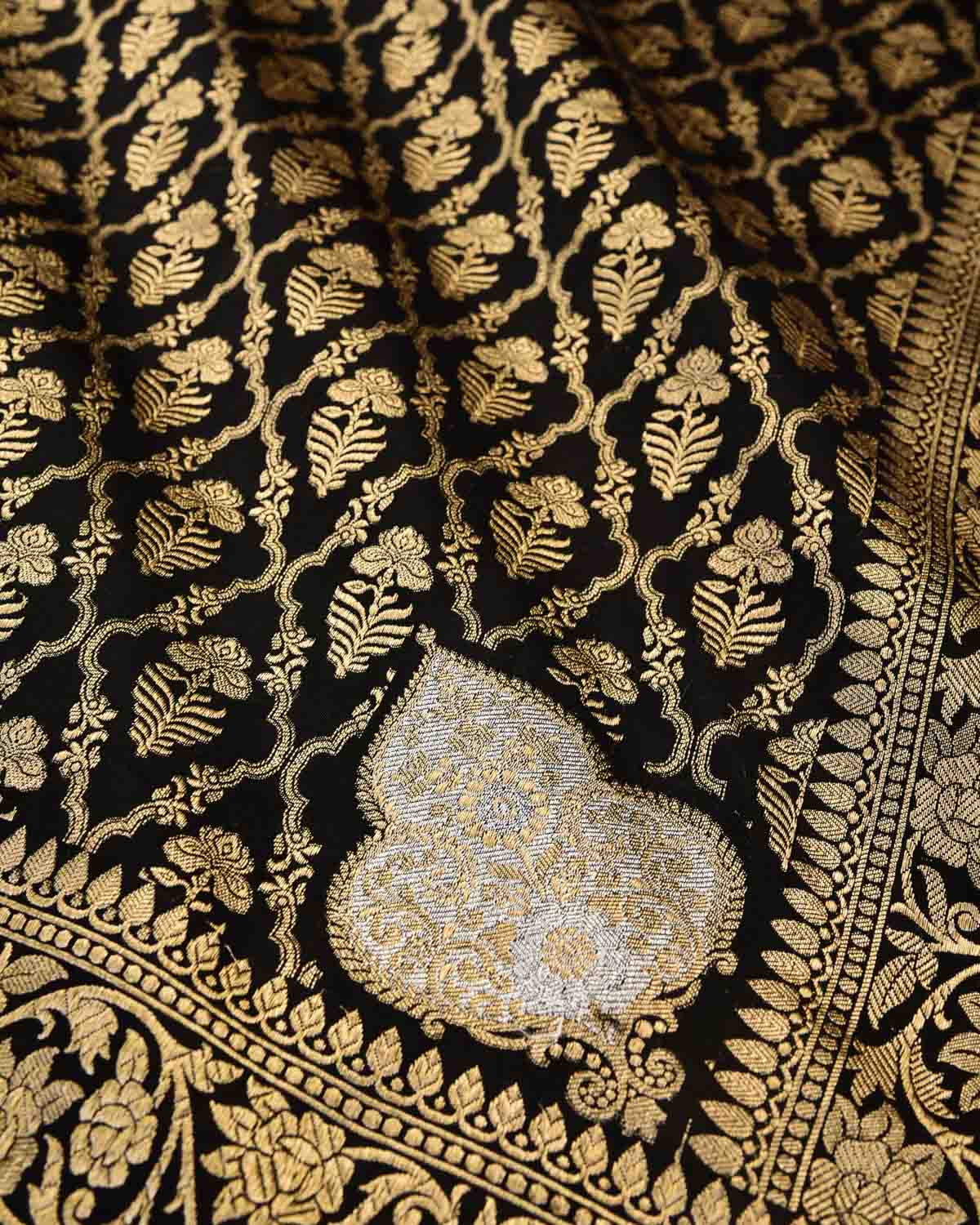 Black Banarasi Gold Zari Jangla Cutwork Brocade Handwoven Katan Silk Dupatta with Koniya Buta-HolyWeaves