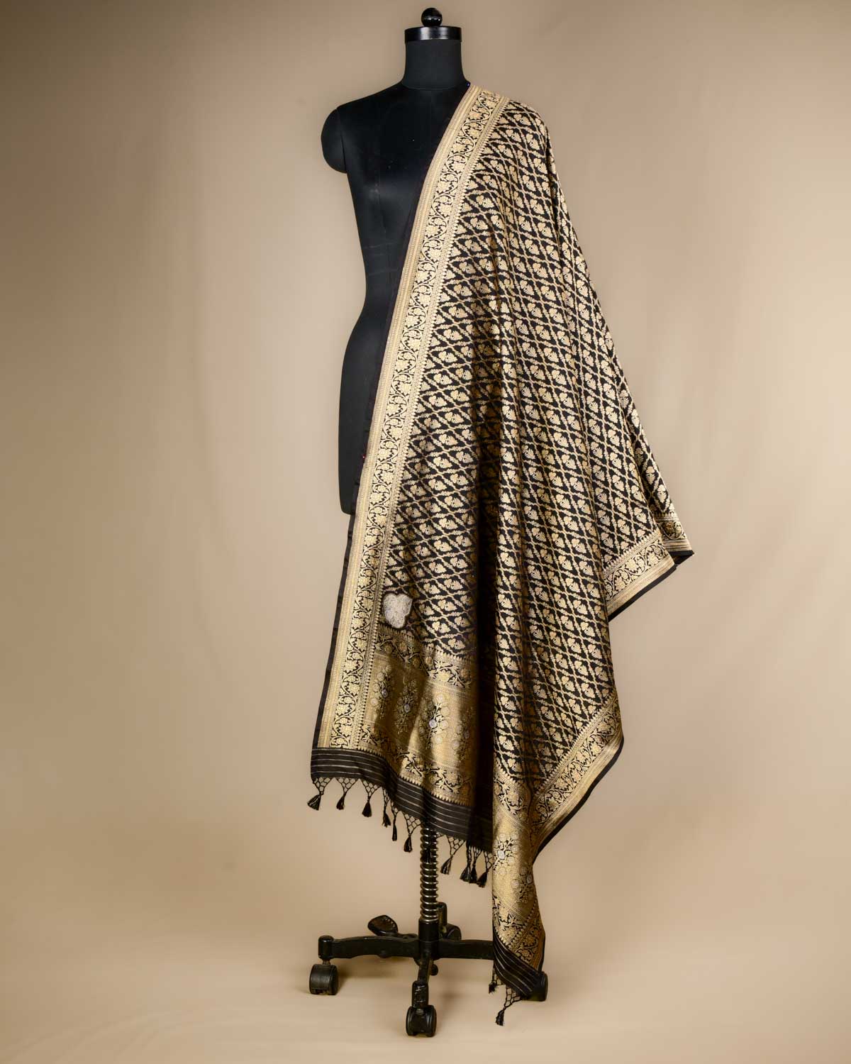Black Banarasi Gold Zari Jangla Cutwork Brocade Handwoven Katan Silk Dupatta with Koniya Buta-HolyWeaves