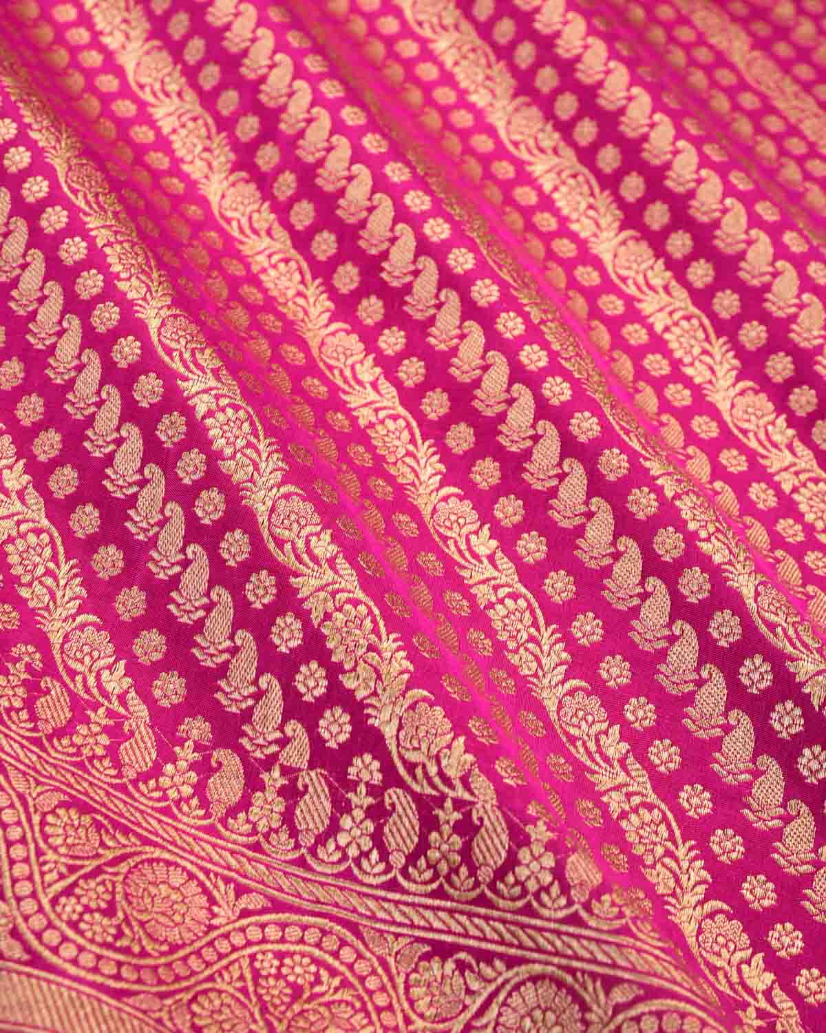 Rani Pink Banarasi Gold Zari Diagonal Ornament Stripes Cutwork Brocade Handwoven Katan Silk Dupatta-HolyWeaves