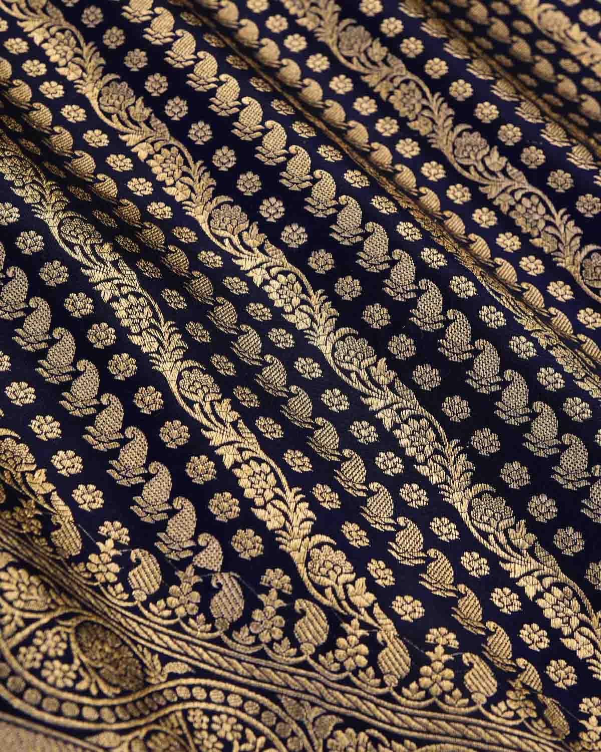 Navy Blue Banarasi Gold Zari Diagonal Ornament Stripes Cutwork Brocade Handwoven Katan Silk Dupatta-HolyWeaves