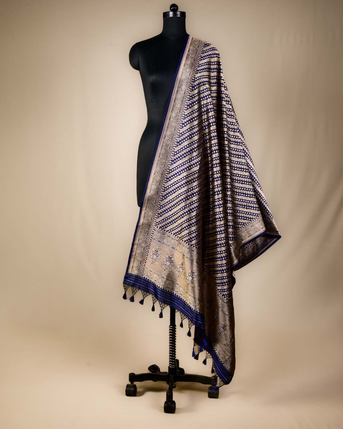 Navy Blue Banarasi Gold Zari Diagonal Ornament Stripes Cutwork Brocade Handwoven Katan Silk Dupatta-HolyWeaves