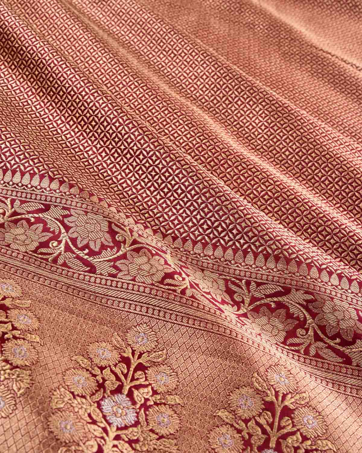 Maroon Banarasi Gold Zari Cutwork Brocade Handwoven Katan Silk Dupatta-HolyWeaves