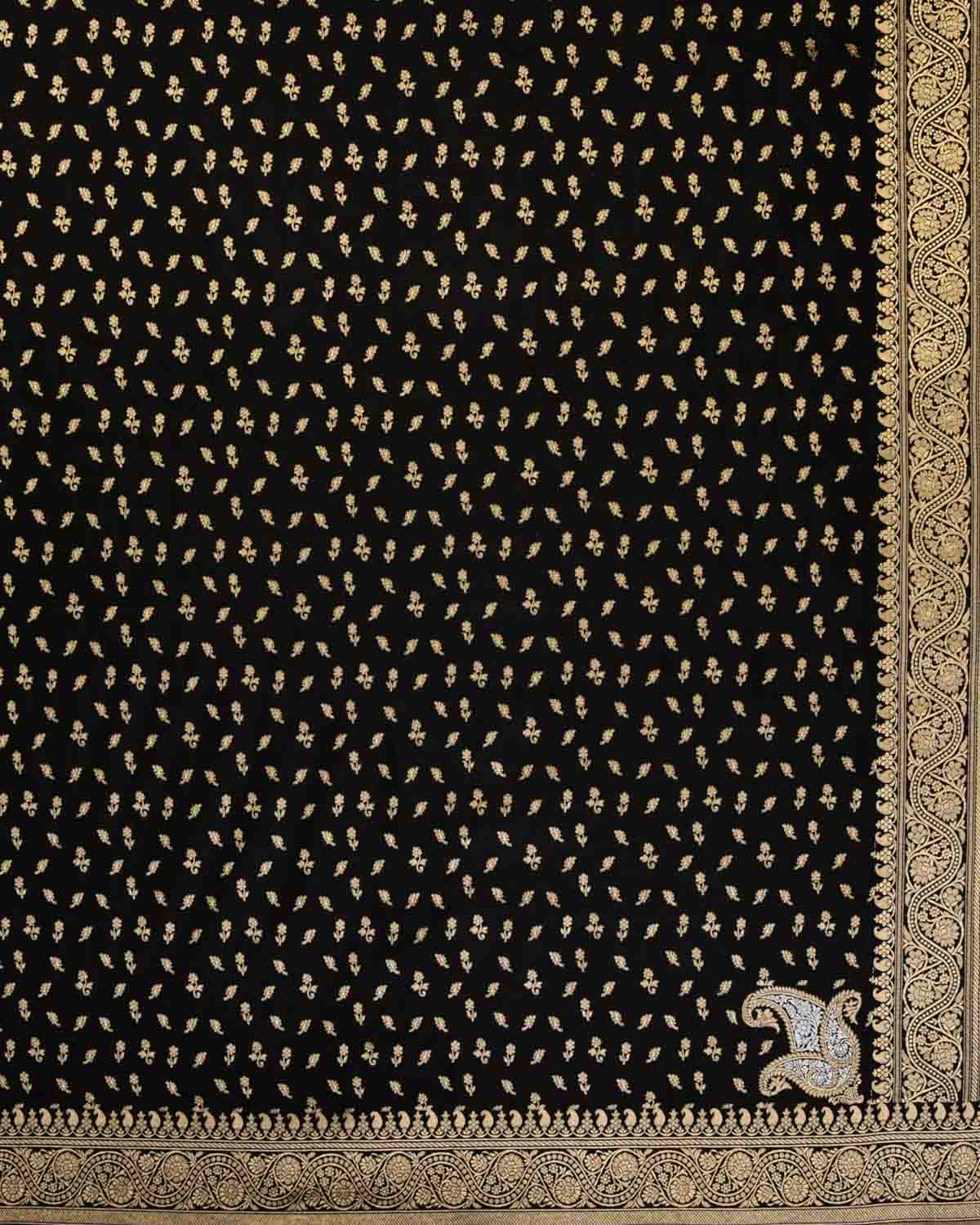 Black Banarasi Gold Zari Buti Cutwork Brocade Handwoven Katan Silk Dupatta with Koniya Buta-HolyWeaves