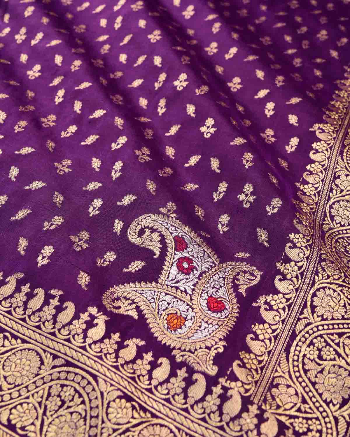 Purple Banarasi Gold Zari Buti Cutwork Brocade Handwoven Katan Silk Dupatta with Koniya Buta-HolyWeaves
