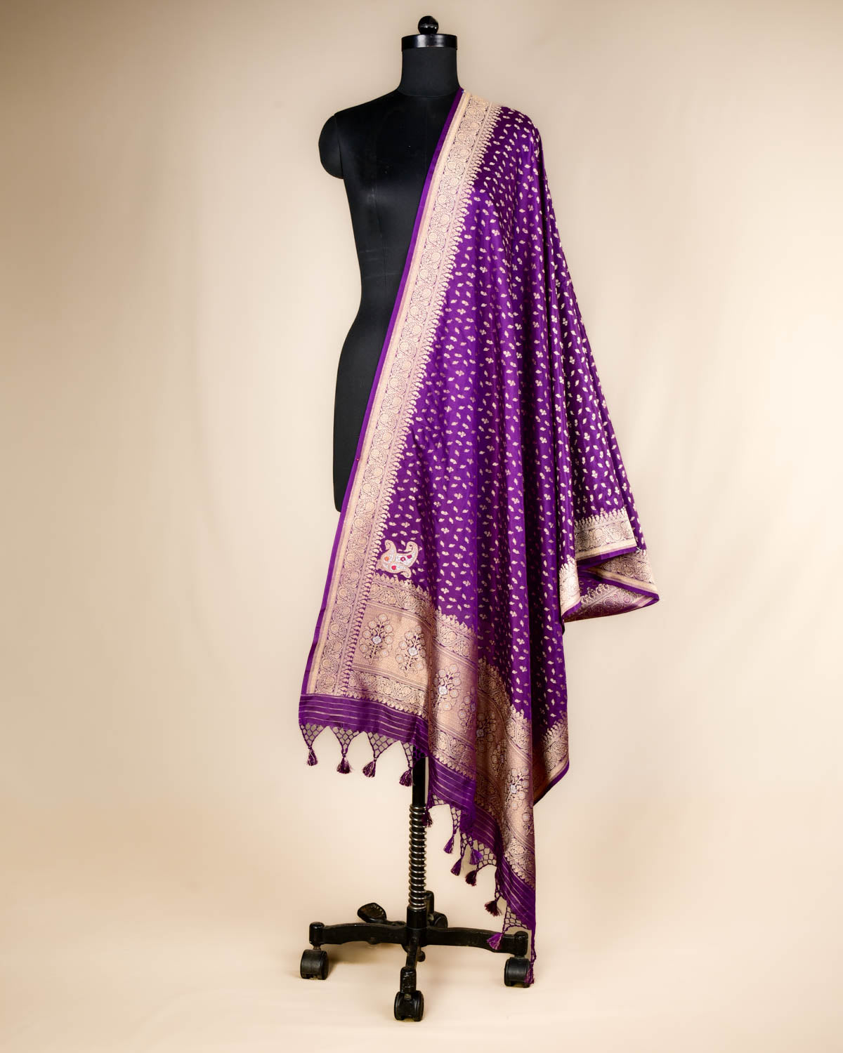 Purple Banarasi Gold Zari Buti Cutwork Brocade Handwoven Katan Silk Dupatta with Koniya Buta-HolyWeaves