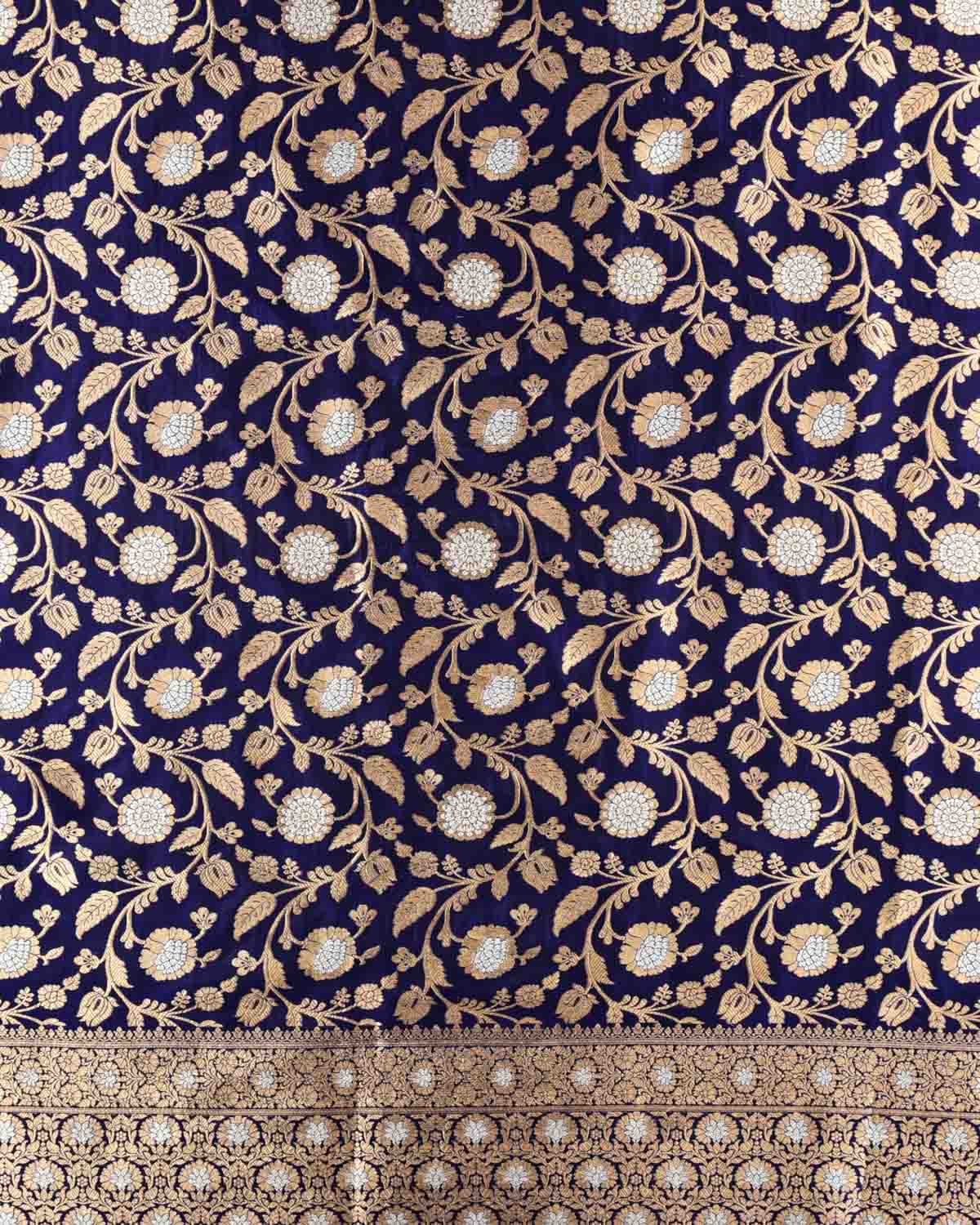 Navy Blue Banarasi Gold & Silver Zari Alfi Floral Jaal Cutwork Brocade Handwoven Katan Silk Dupatta-HolyWeaves