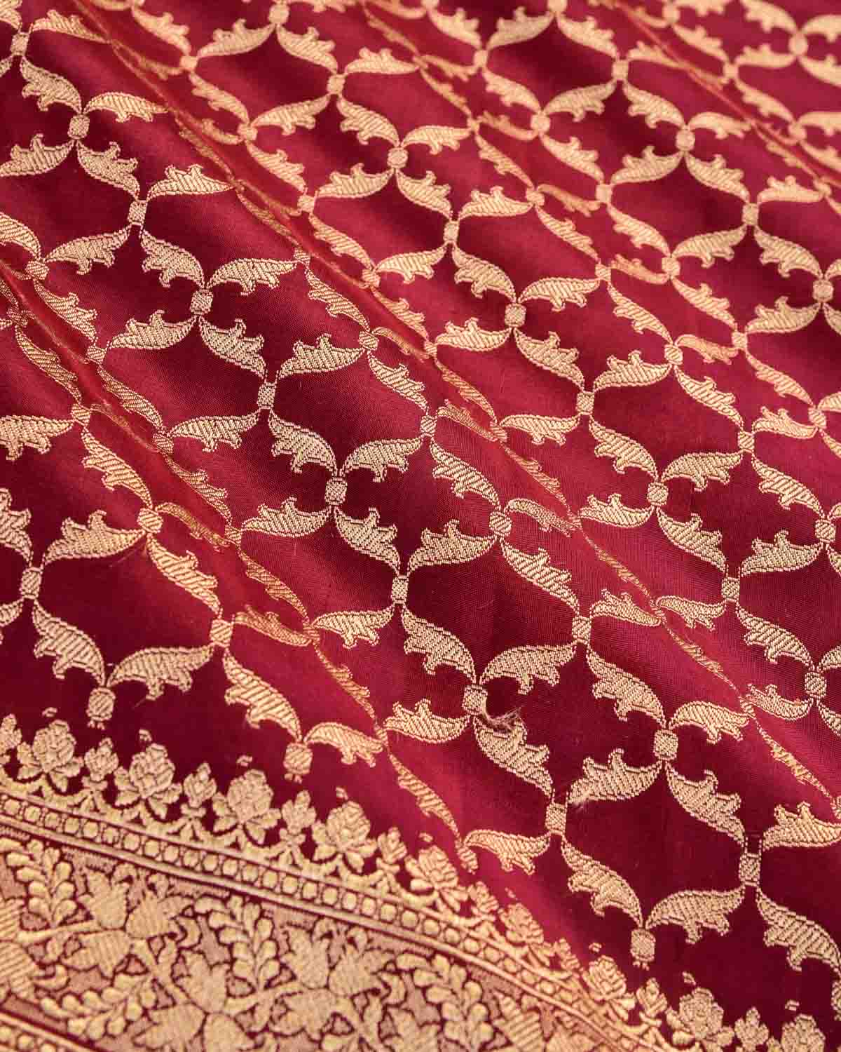 Maroon Banarasi Gold Zari Grids Cutwork Brocade Handwoven Katan Silk Dupatta-HolyWeaves
