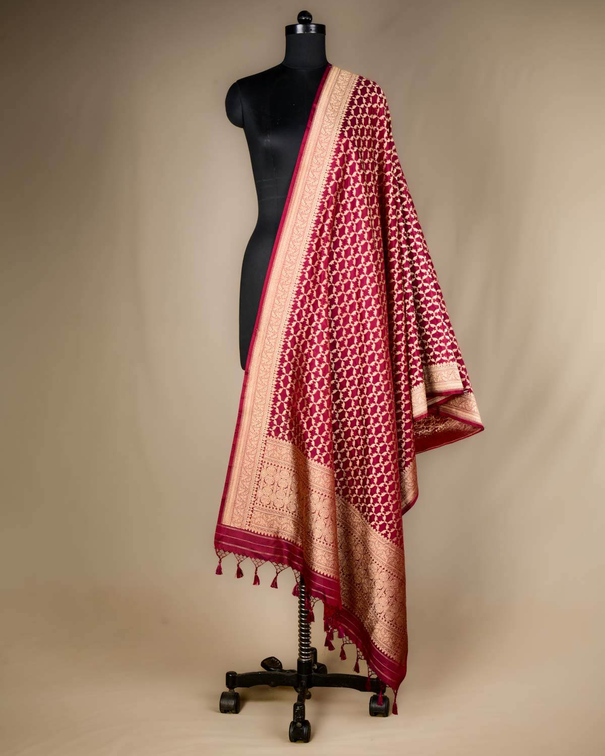 Maroon Banarasi Gold Zari Grids Cutwork Brocade Handwoven Katan Silk Dupatta-HolyWeaves