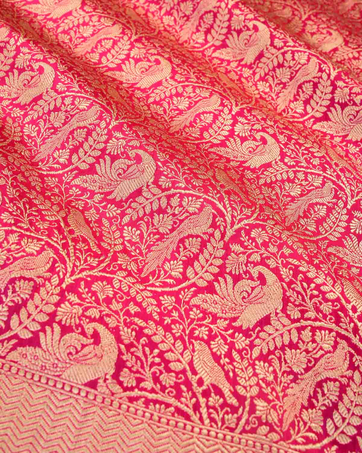 Shot Red Pink Banarasi Peacock & Sparrow Shikargah Brocade Handwoven Katan Silk Dupatta-HolyWeaves