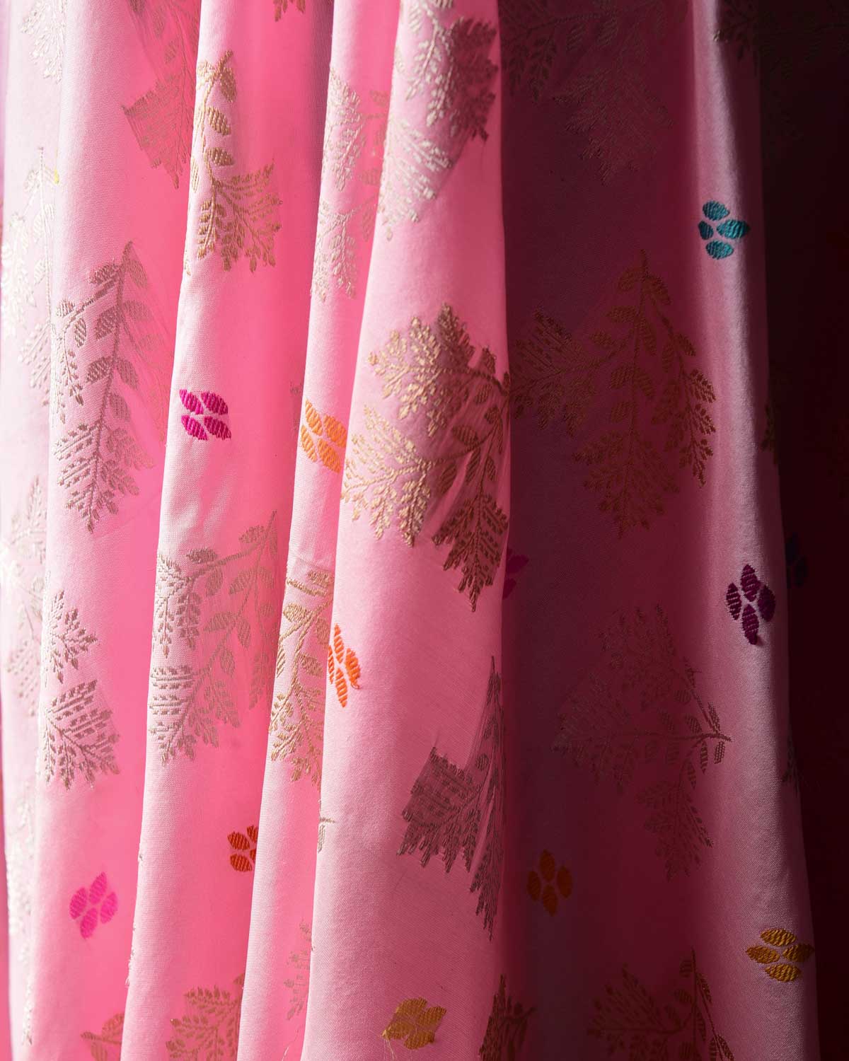 Baby Pink Gold & Silver Zari & Menekari Leaf Buti Kadhuan Brocade Handwoven Katan Silk Banarasi Dupatta-HolyWeaves