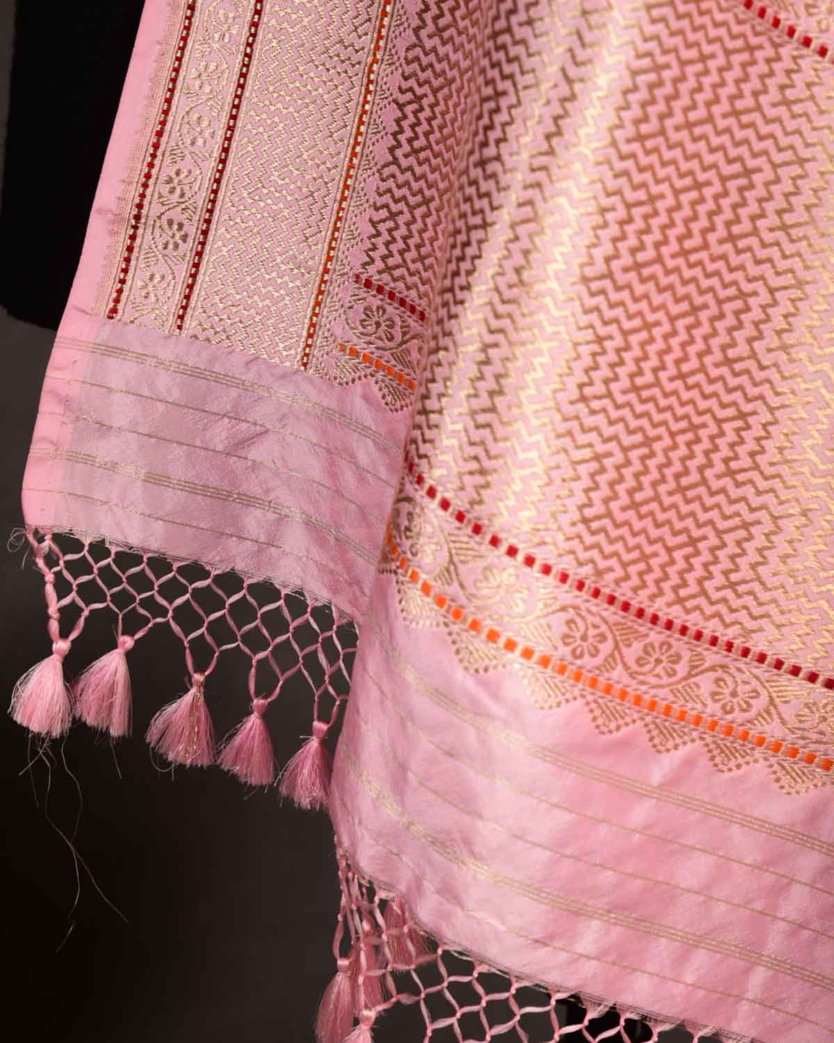 Baby Pink Gold & Silver Zari & Menekari Leaf Buti Kadhuan Brocade Handwoven Katan Silk Banarasi Dupatta-HolyWeaves