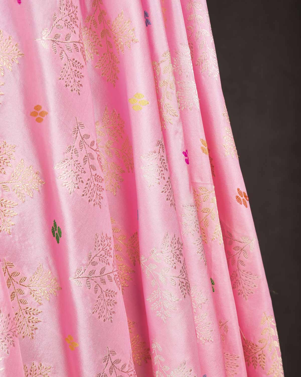 Baby Pink Gold & Silver Zari & Menekari Leaf Buti Kadhuan Brocade Handwoven Katan Silk Banarasi Dupatta-HolyWeaves