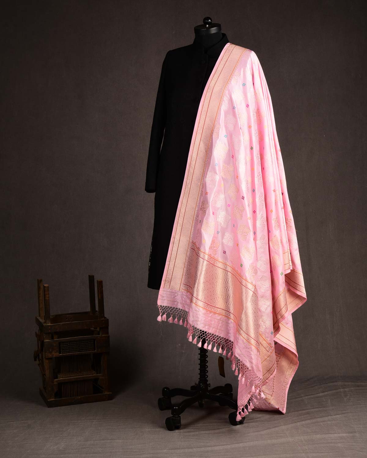 Baby Pink Gold & Silver Zari & Menekari Leaf Buti Kadhuan Brocade Handwoven Katan Silk Banarasi Dupatta-HolyWeaves