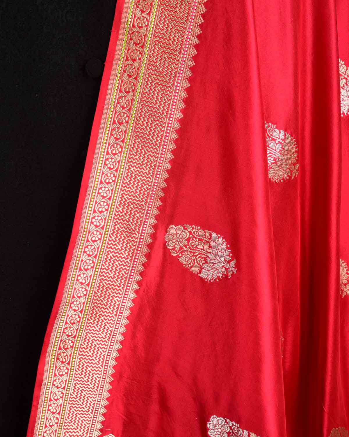 Bridal Red Gold & Silver Zari Buta Kadhuan Brocade Handwoven Katan Silk Banarasi Dupatta-HolyWeaves