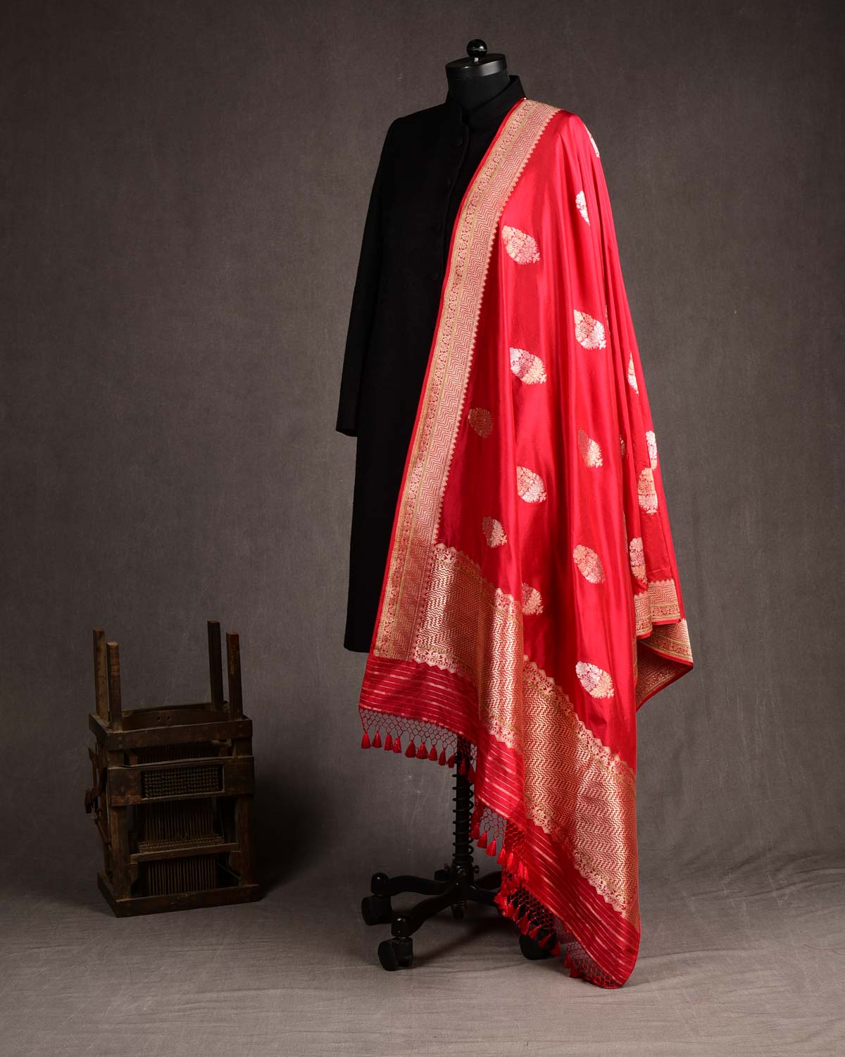Bridal Red Gold & Silver Zari Buta Kadhuan Brocade Handwoven Katan Silk Banarasi Dupatta-HolyWeaves
