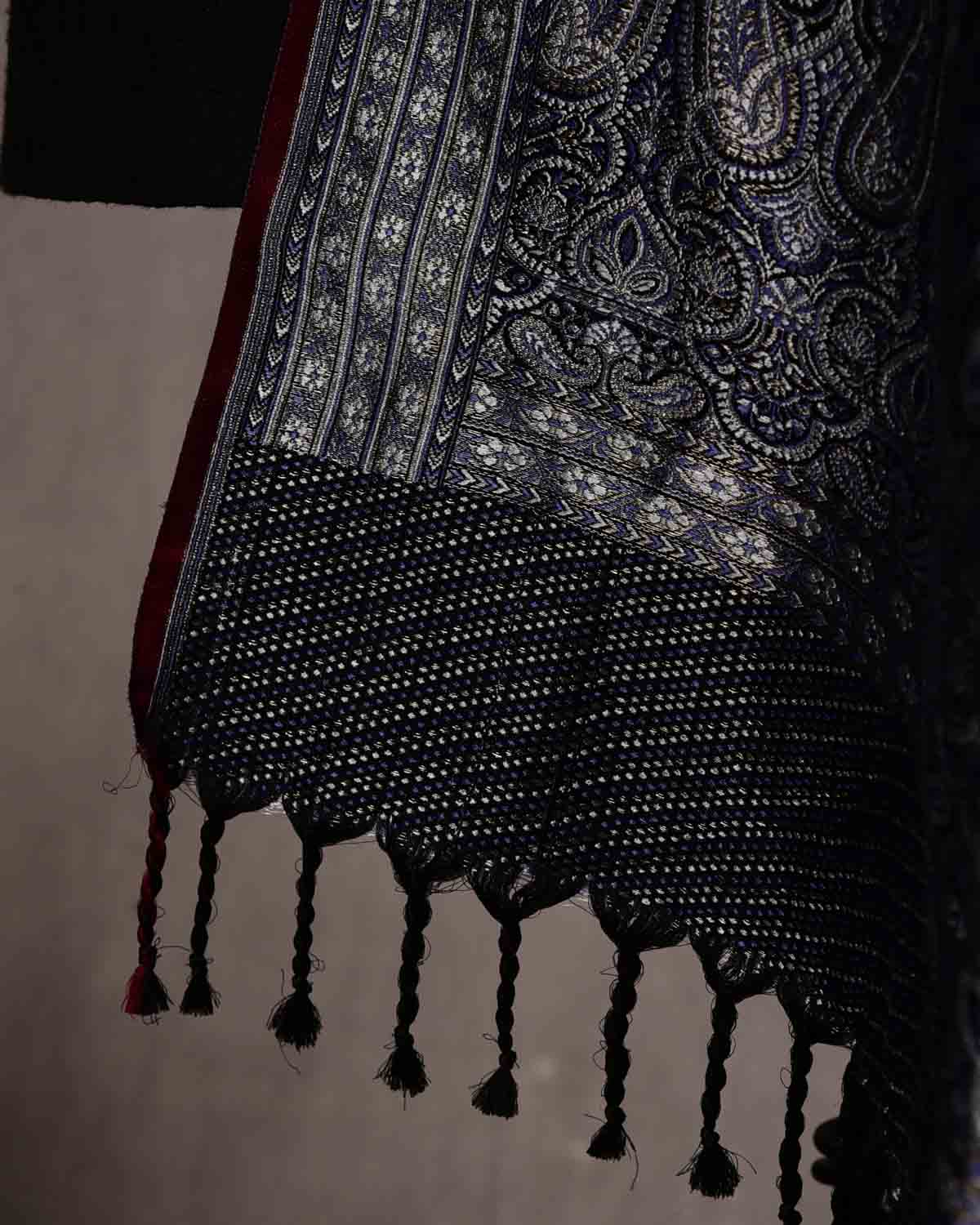 Gray Black Tehra Jamawar Brocade Handwoven Katan Silk Banarasi Dupatta-HolyWeaves