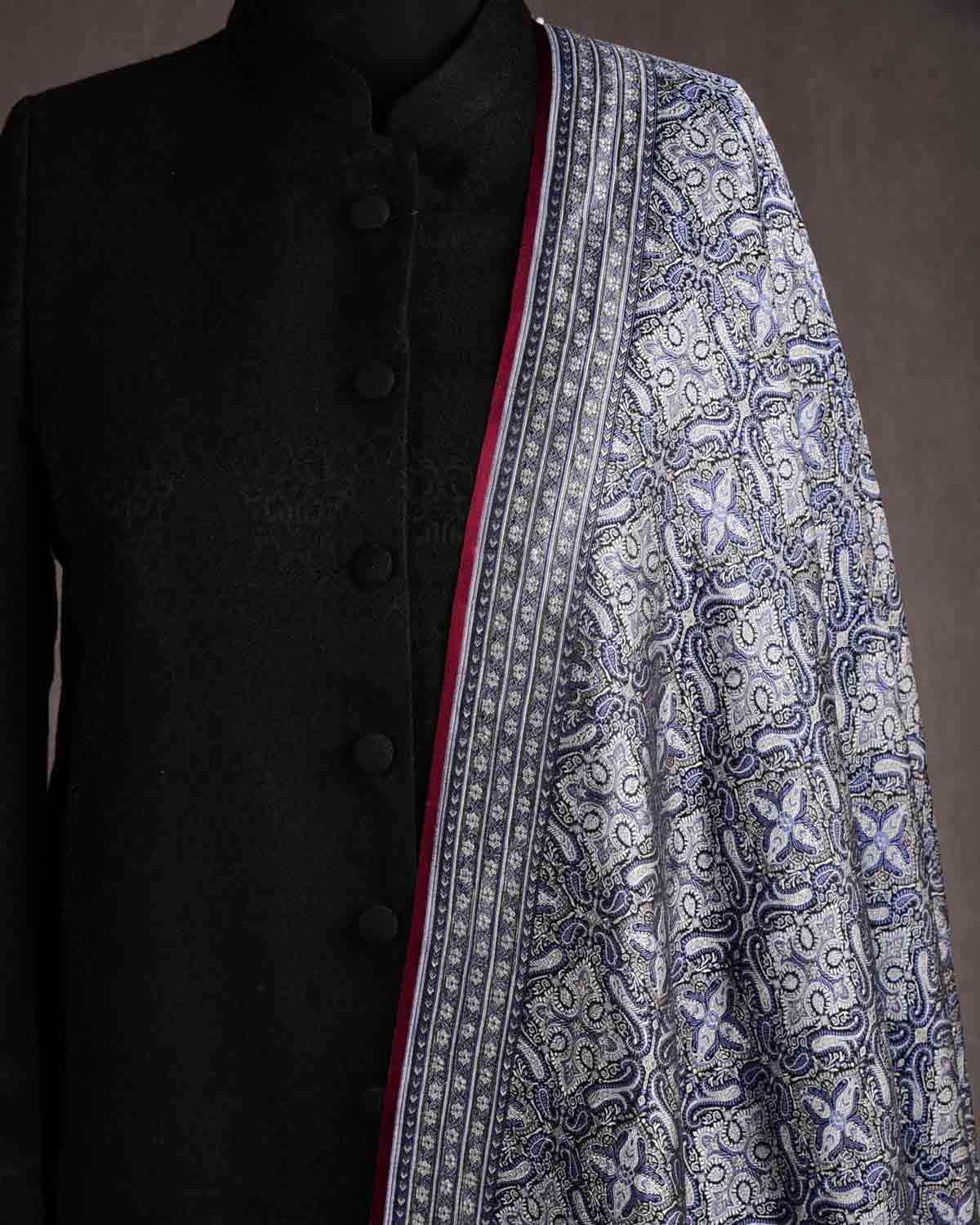 Gray Black Tehra Jamawar Brocade Handwoven Katan Silk Banarasi Dupatta-HolyWeaves
