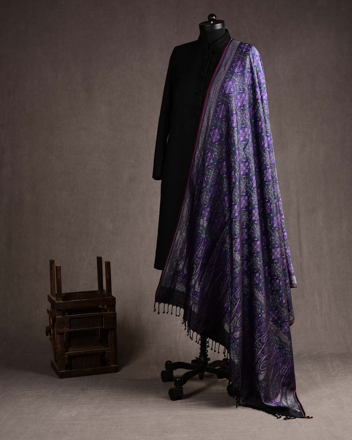 Green Purple Tehra Jamawar Brocade Handwoven Katan Silk Banarasi Dupatta-HolyWeaves