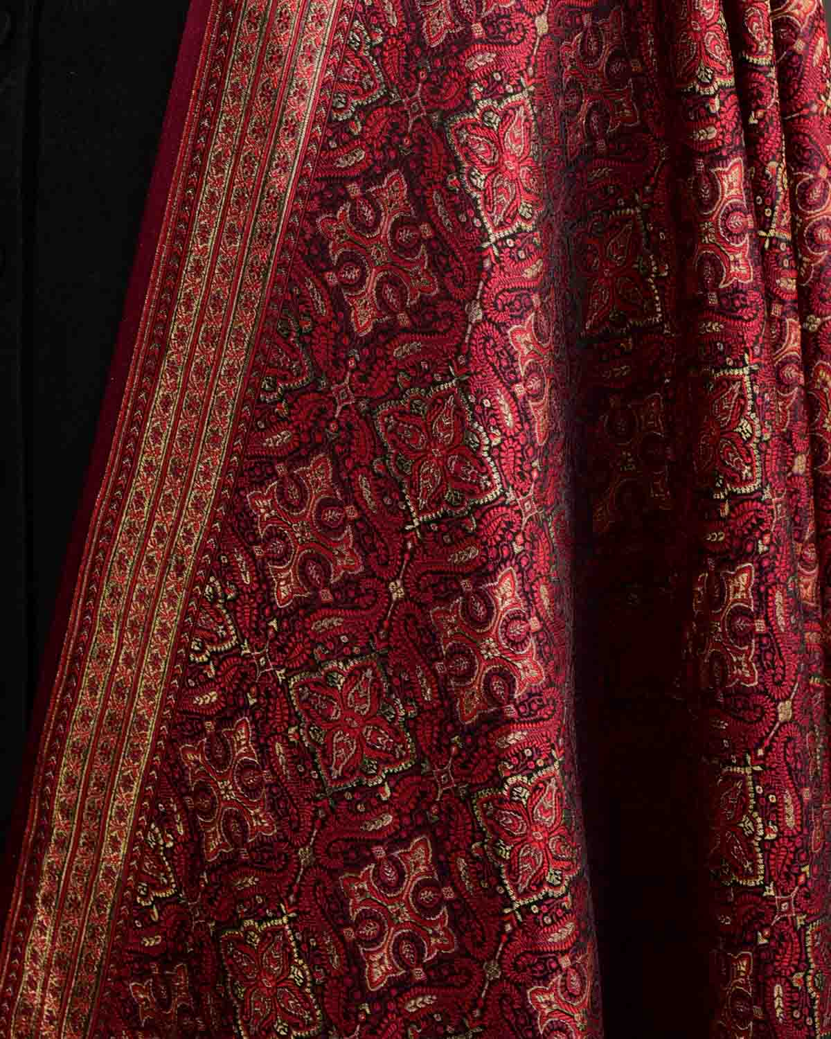 Maroon Tehra Jamawar Brocade Handwoven Katan Silk Banarasi Dupatta-HolyWeaves