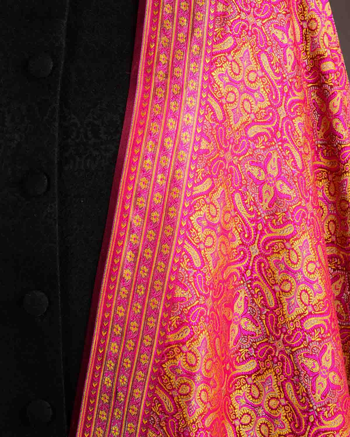 Pink-Yellow Tehra Jamawar Brocade Handwoven Katan Silk Banarasi Dupatta-HolyWeaves