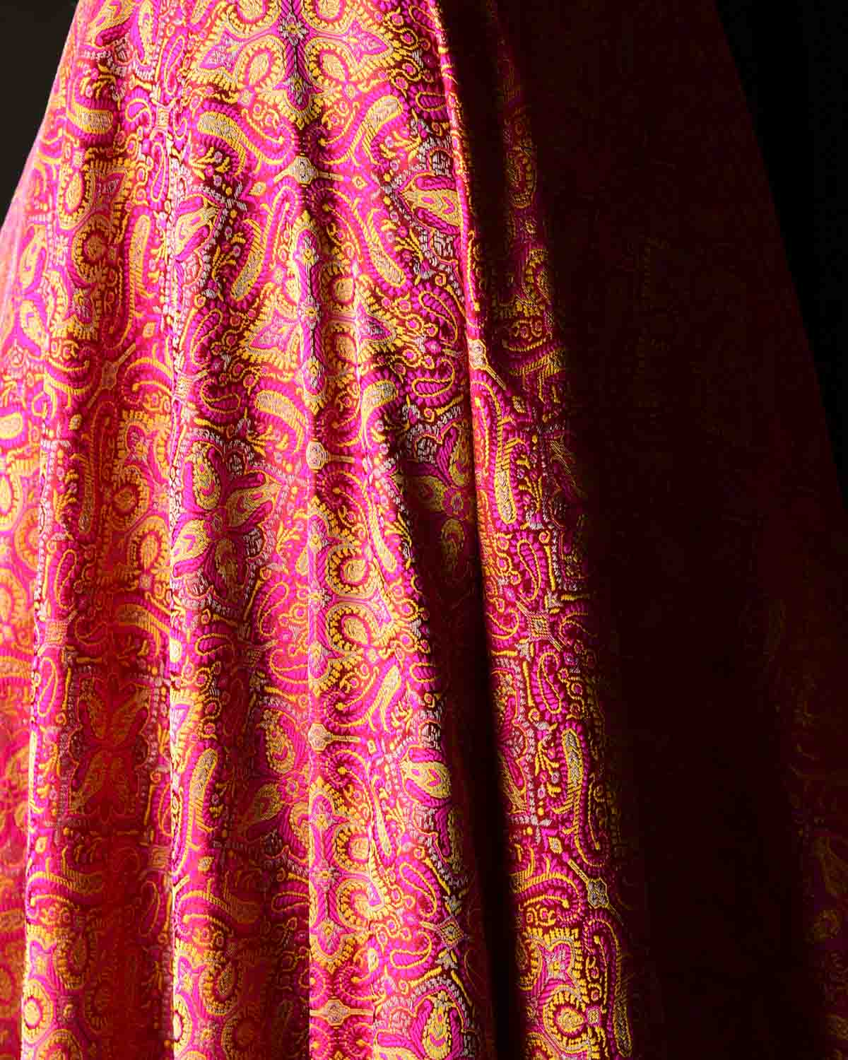 Pink-Yellow Tehra Jamawar Brocade Handwoven Katan Silk Banarasi Dupatta-HolyWeaves