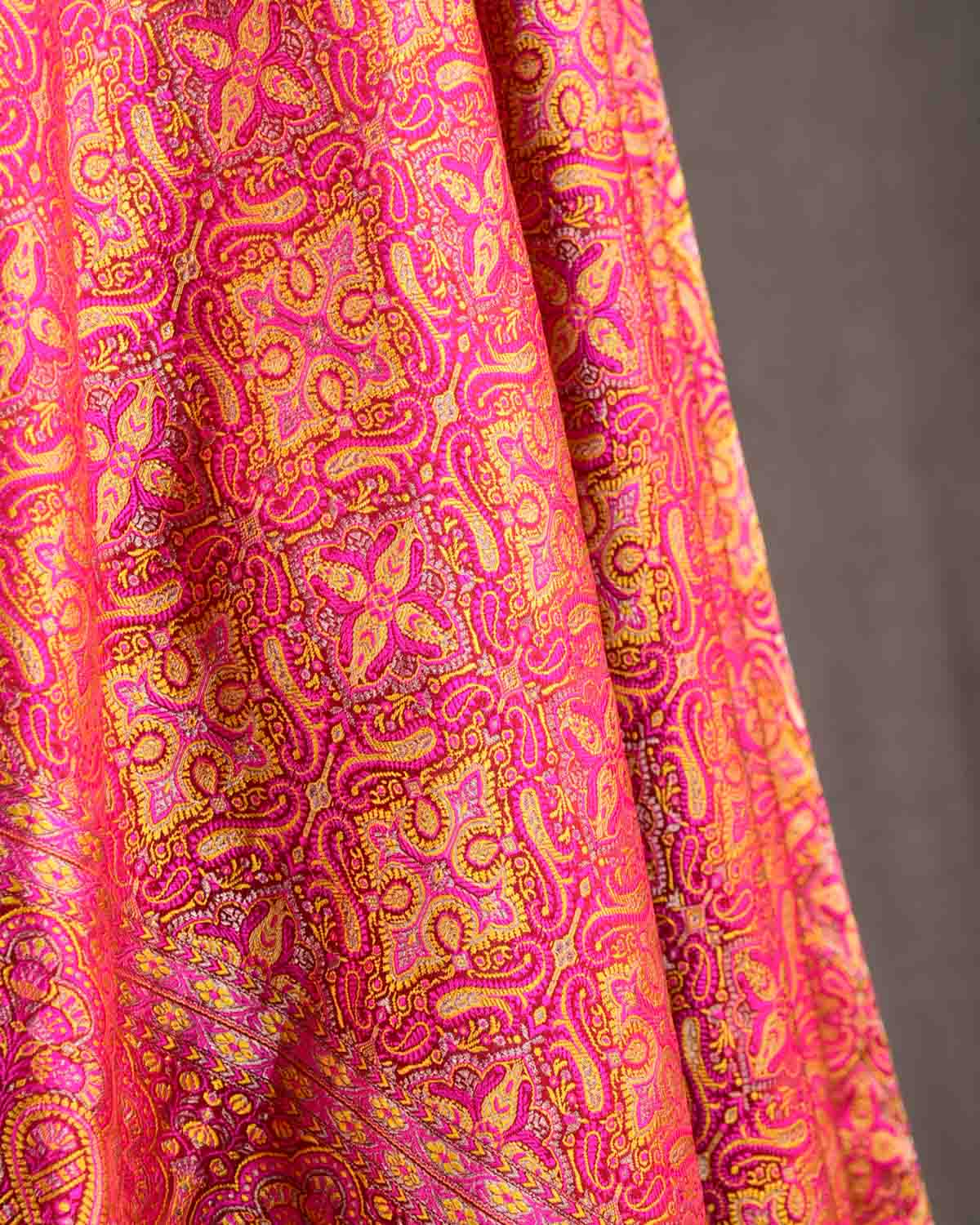 Pink-Yellow Tehra Jamawar Brocade Handwoven Katan Silk Banarasi Dupatta-HolyWeaves